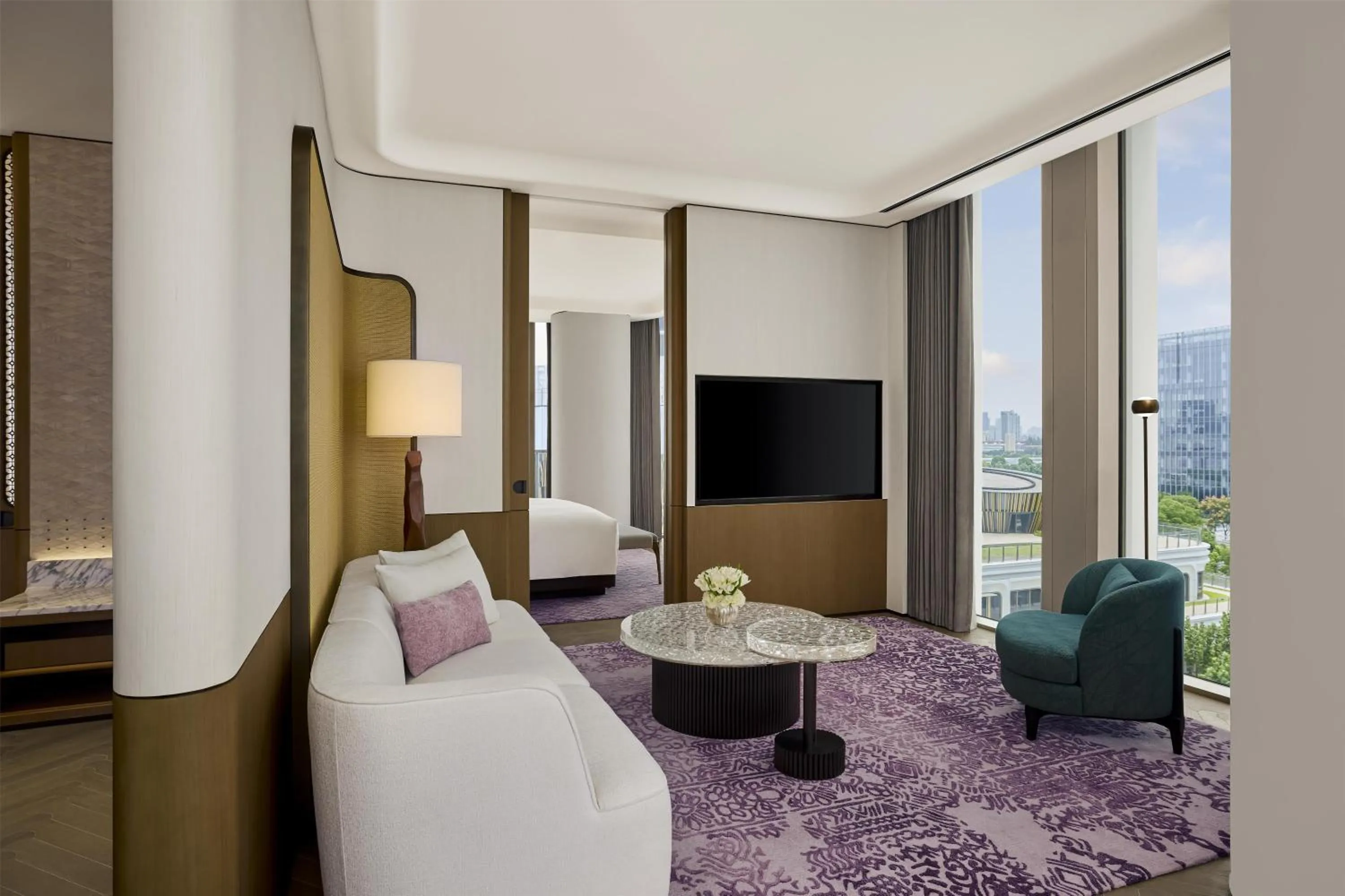 Living room, Bed in Waldorf Astoria Shanghai Qiantan