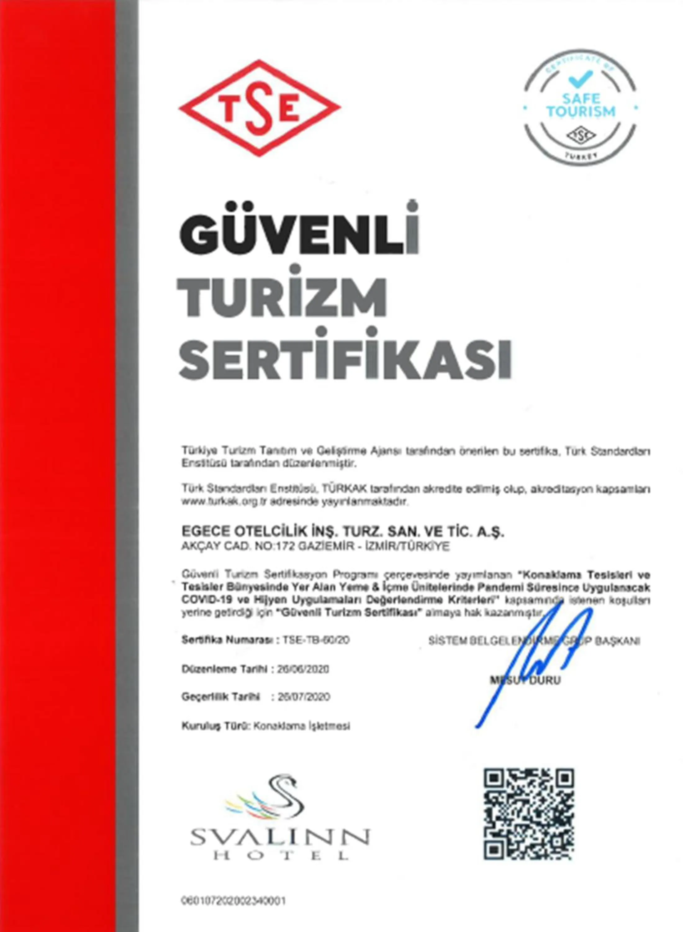 Certificate/Award in Svalinn Hotel