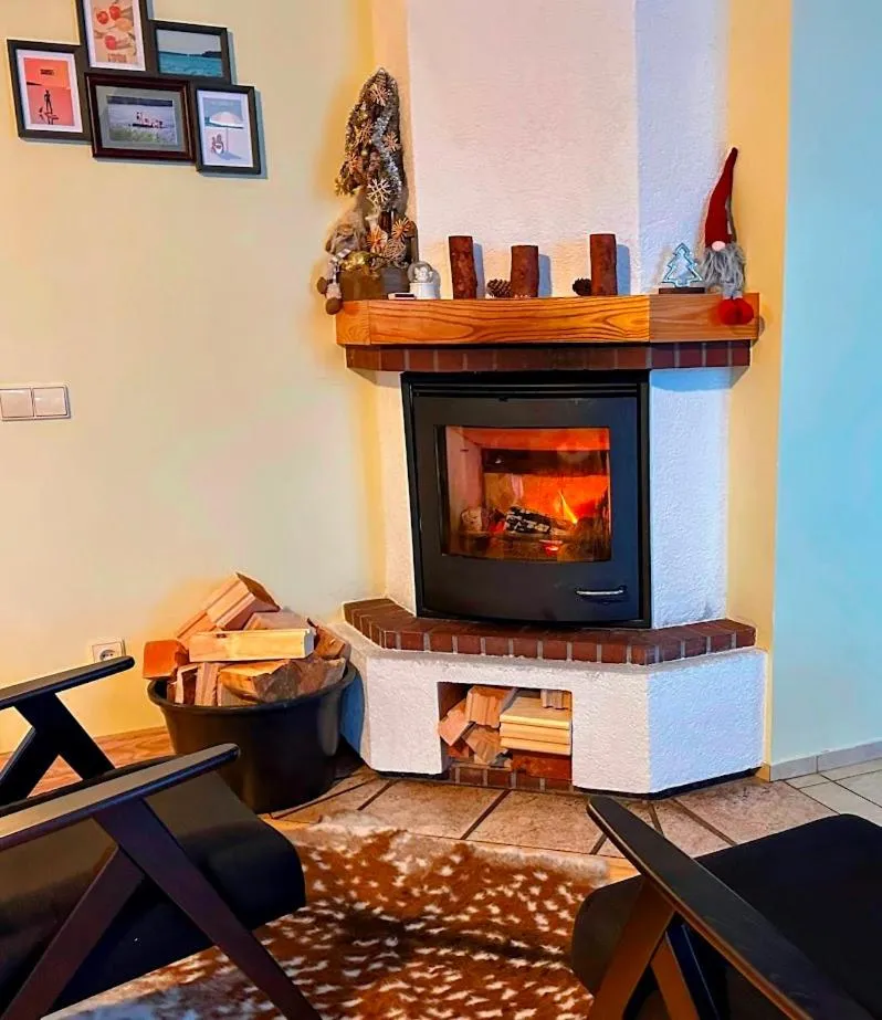 fireplace in North Lakeside Villa Plateliai