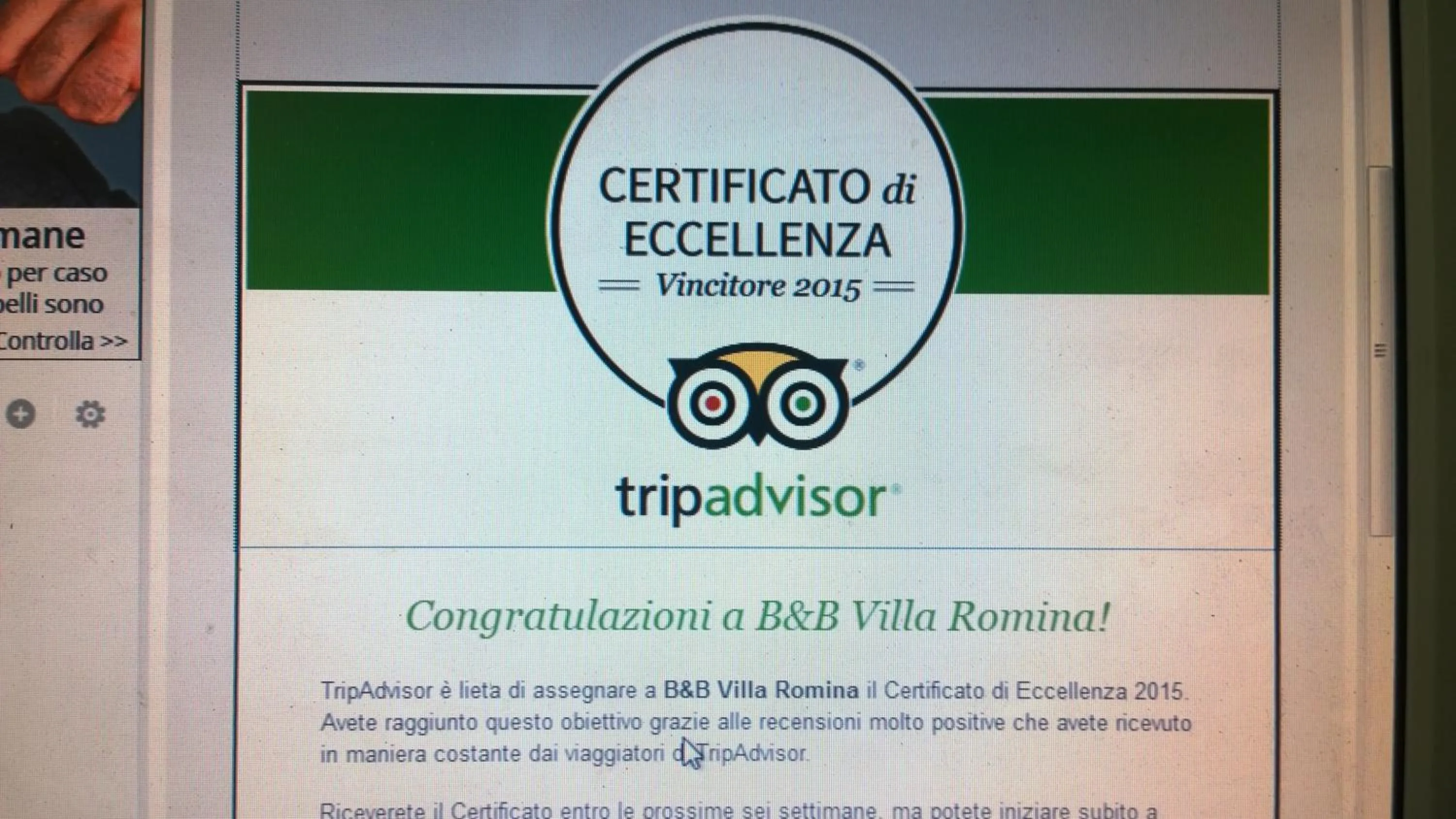 Certificate/Award in B&B Villa Romina