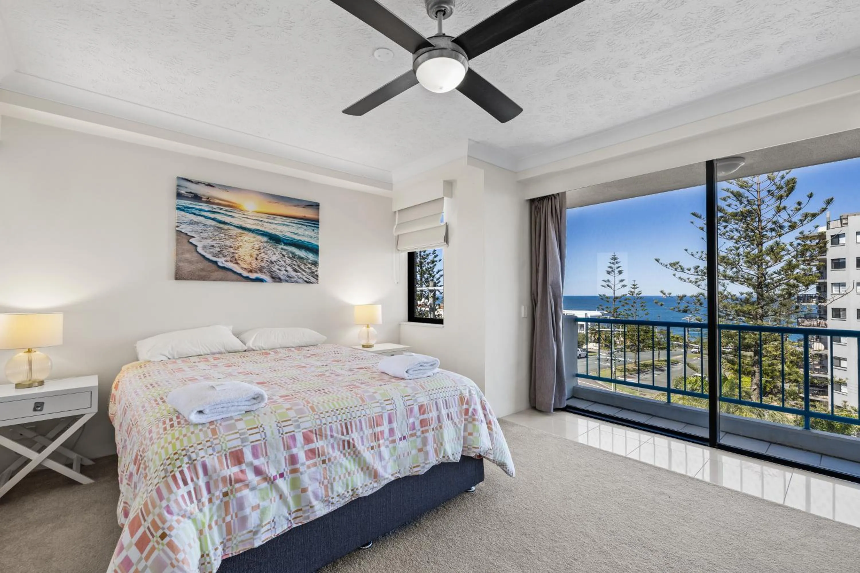 Bedroom, Bed in Burgess @ Kings Beach Apartments