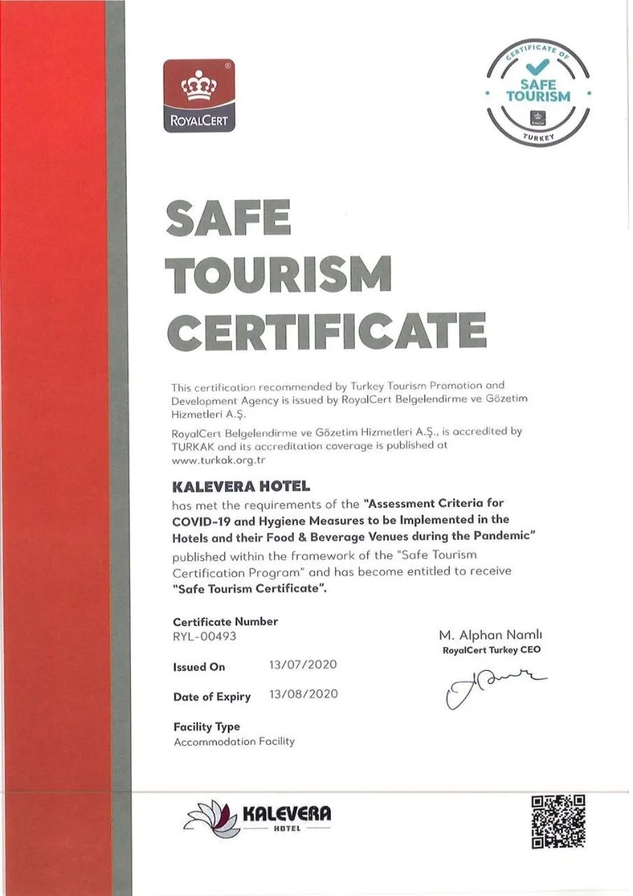 Certificate/Award in Kalevera Hotel