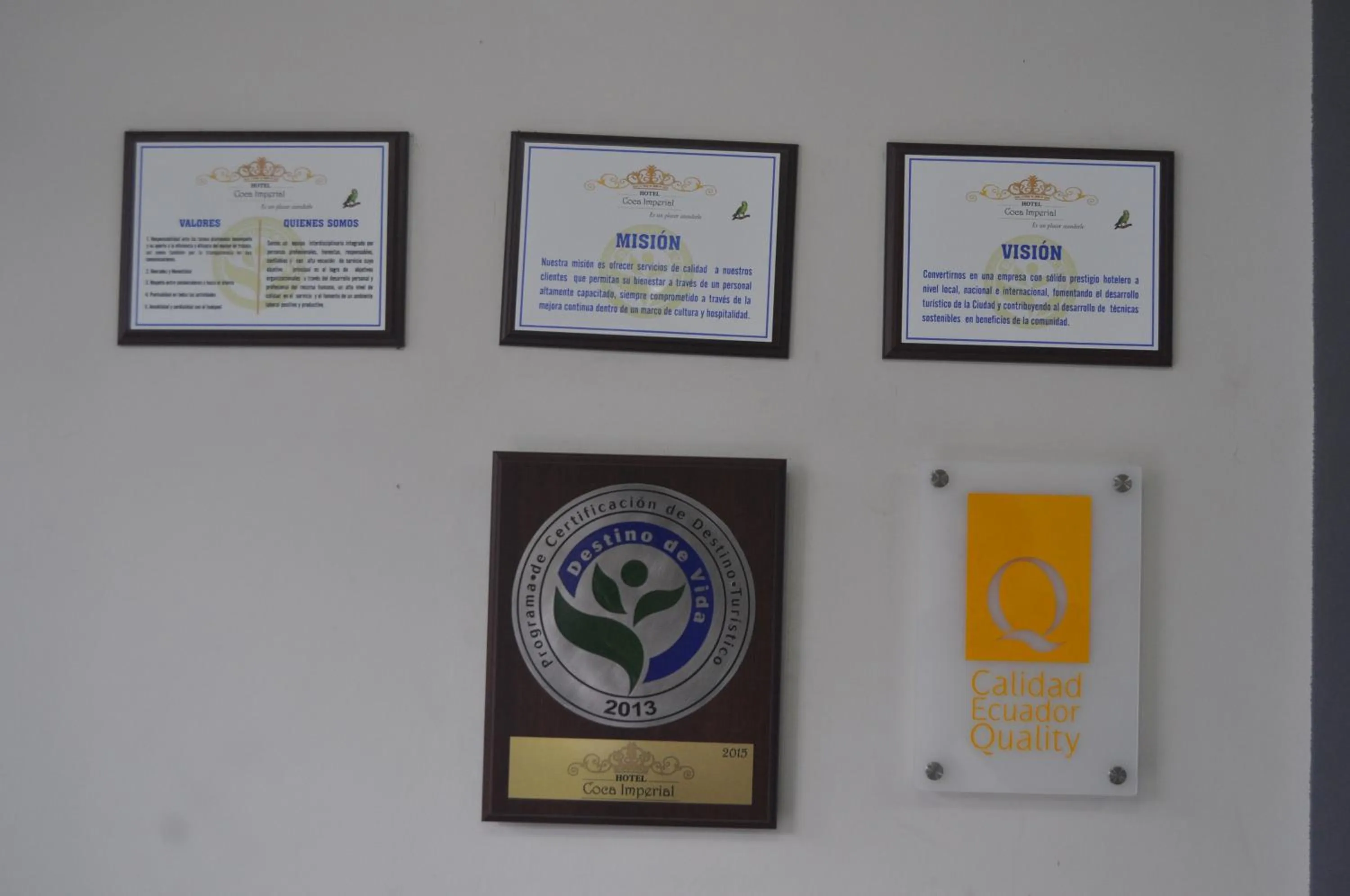 Certificate/Award in Hotel Coca Imperial