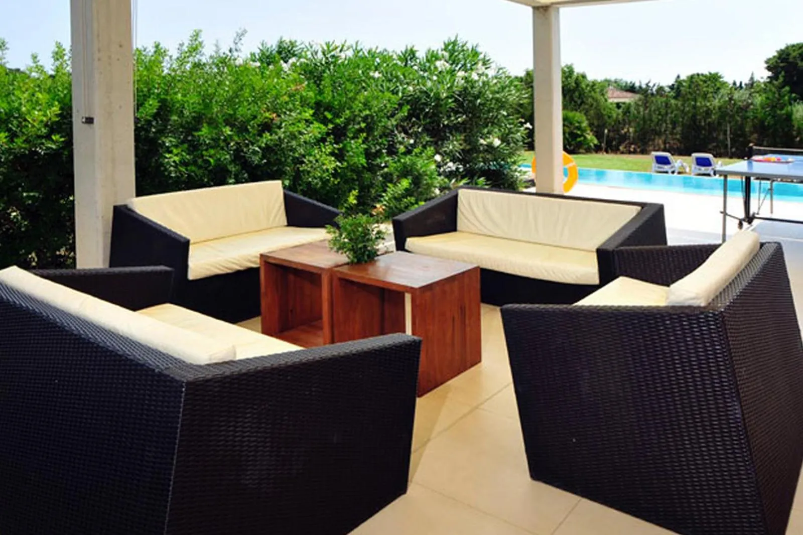 Patio in Villa Barcares Gran for 10, pool, gym and close to beach