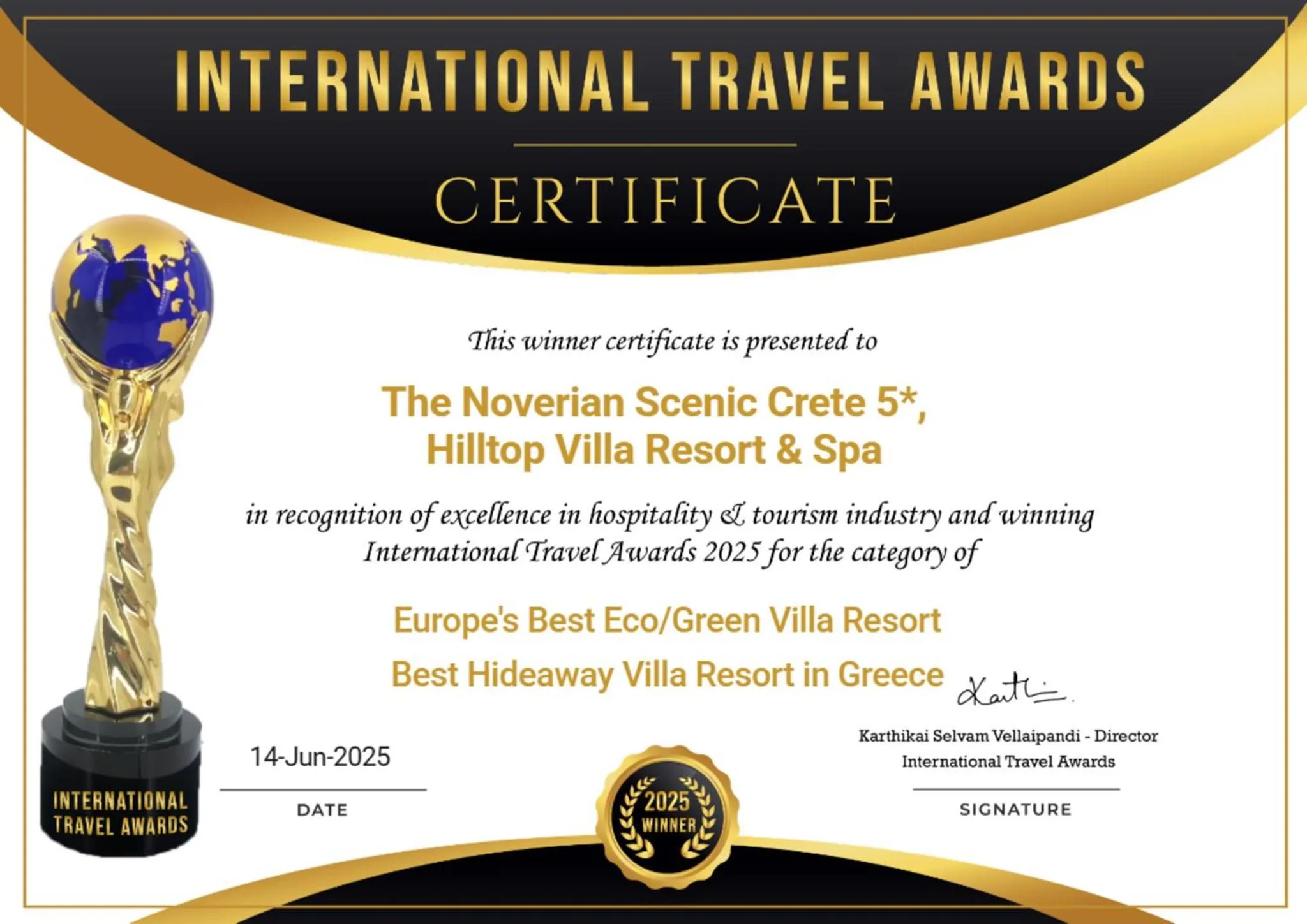 Certificate/Award in The Noverian Scenic Crete 5 Star Hilltop Villa Resort & Spa