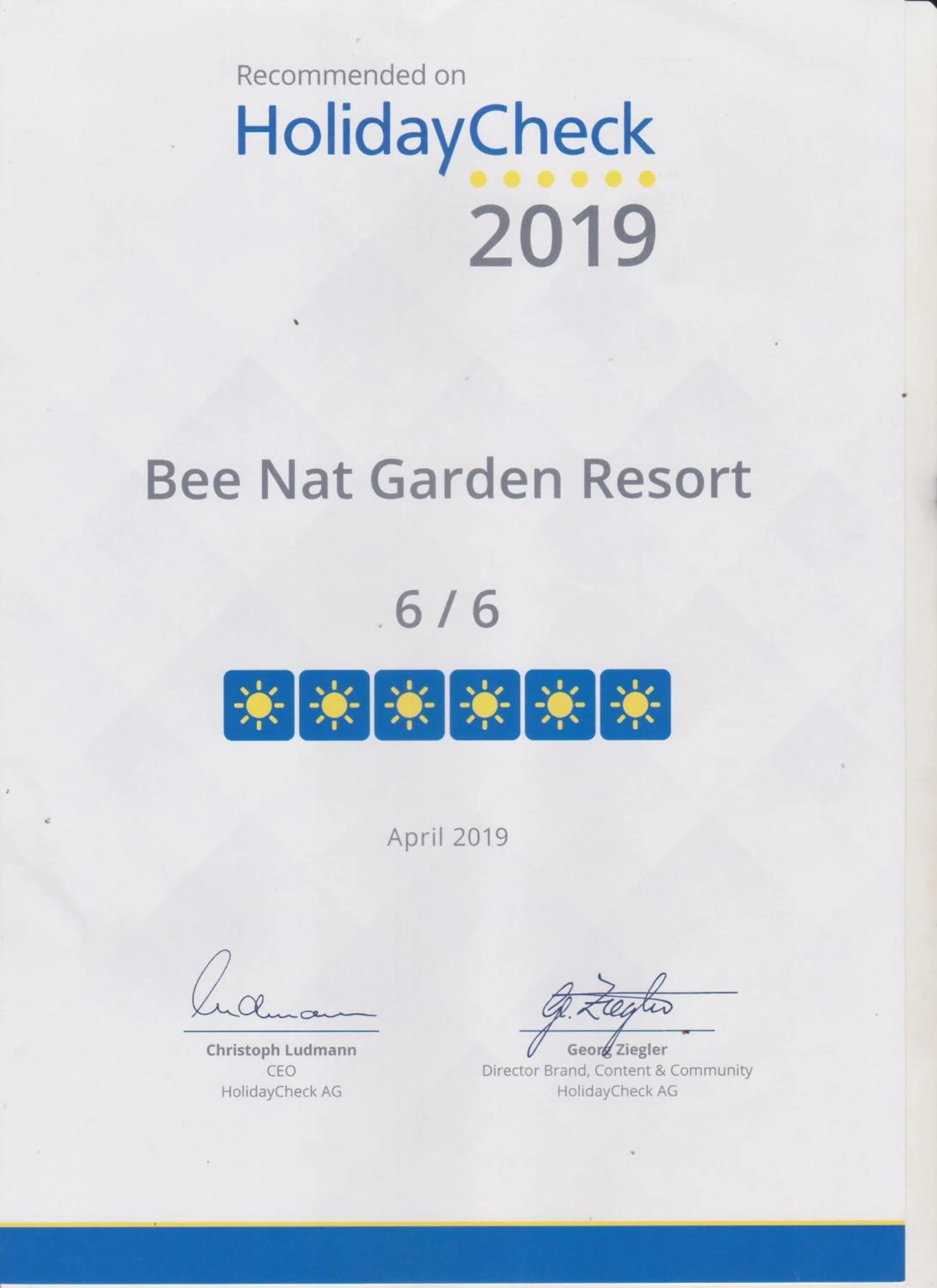 Certificate/Award in Bee Nat Garden Resort