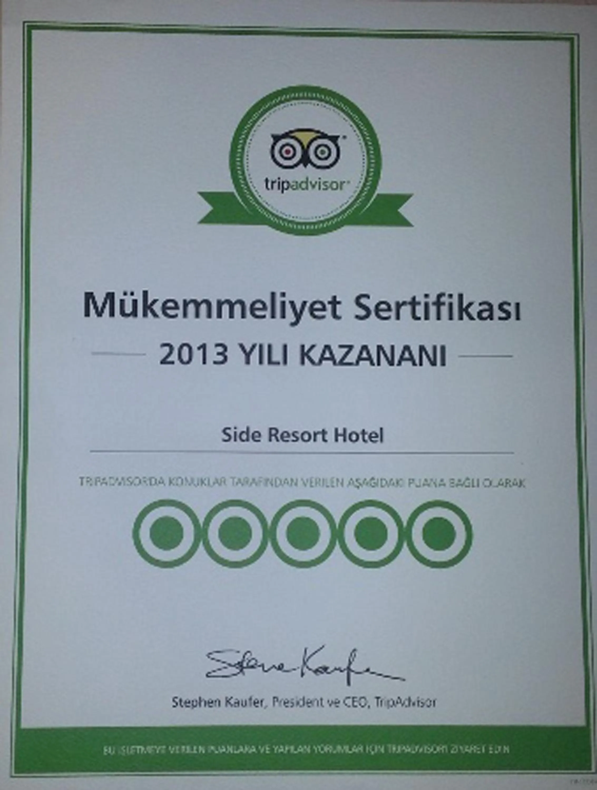 Certificate/Award in Calimera Side Resort