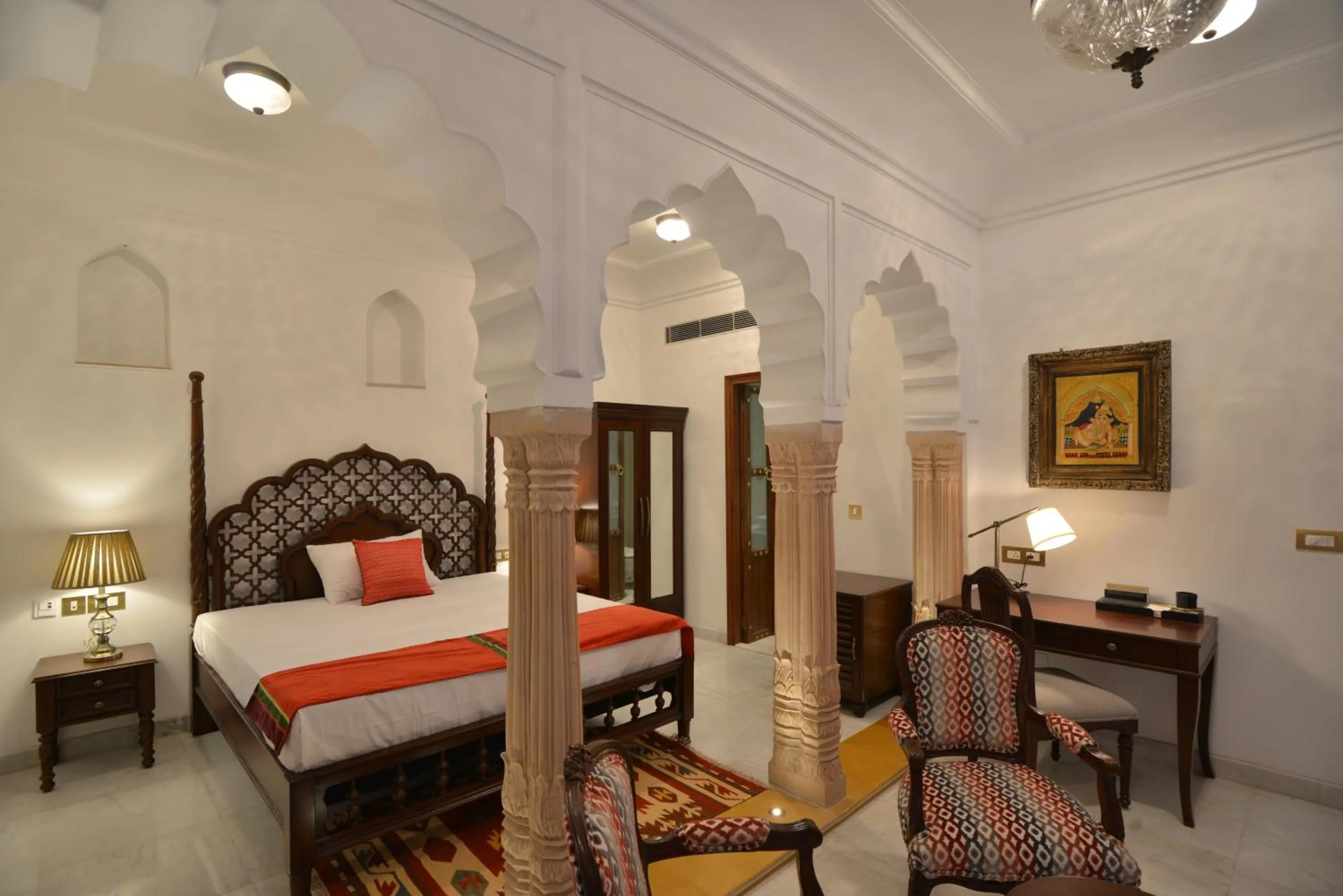 Photo of the whole room, Bed in Haveli Dharampura & Golden Haveli- UNESCO awarded Boutique Heritage Hotel