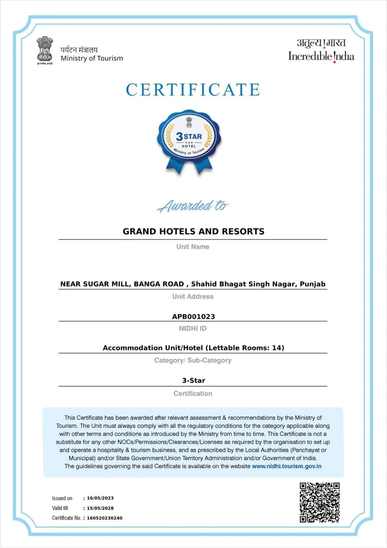 Certificate/Award in Grand Hotel Nawanshahr