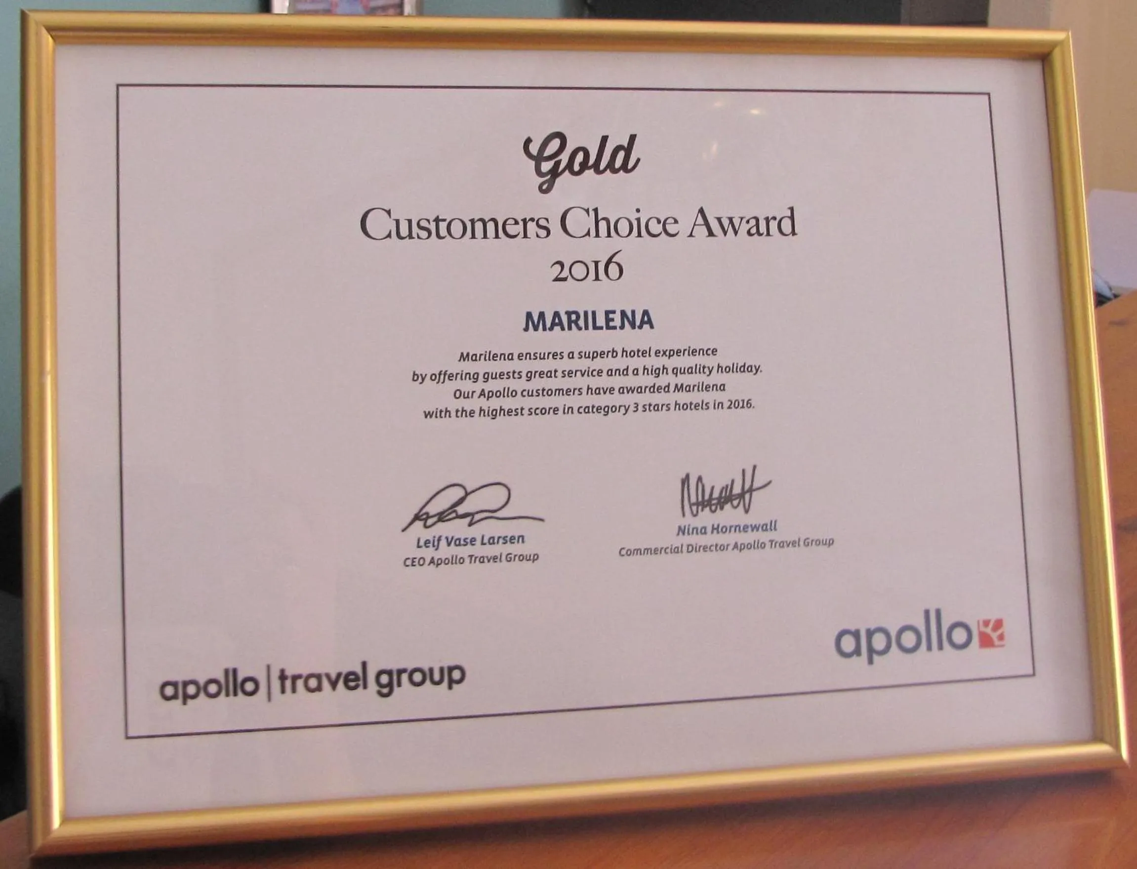 Certificate/Award in Marilena Apartments