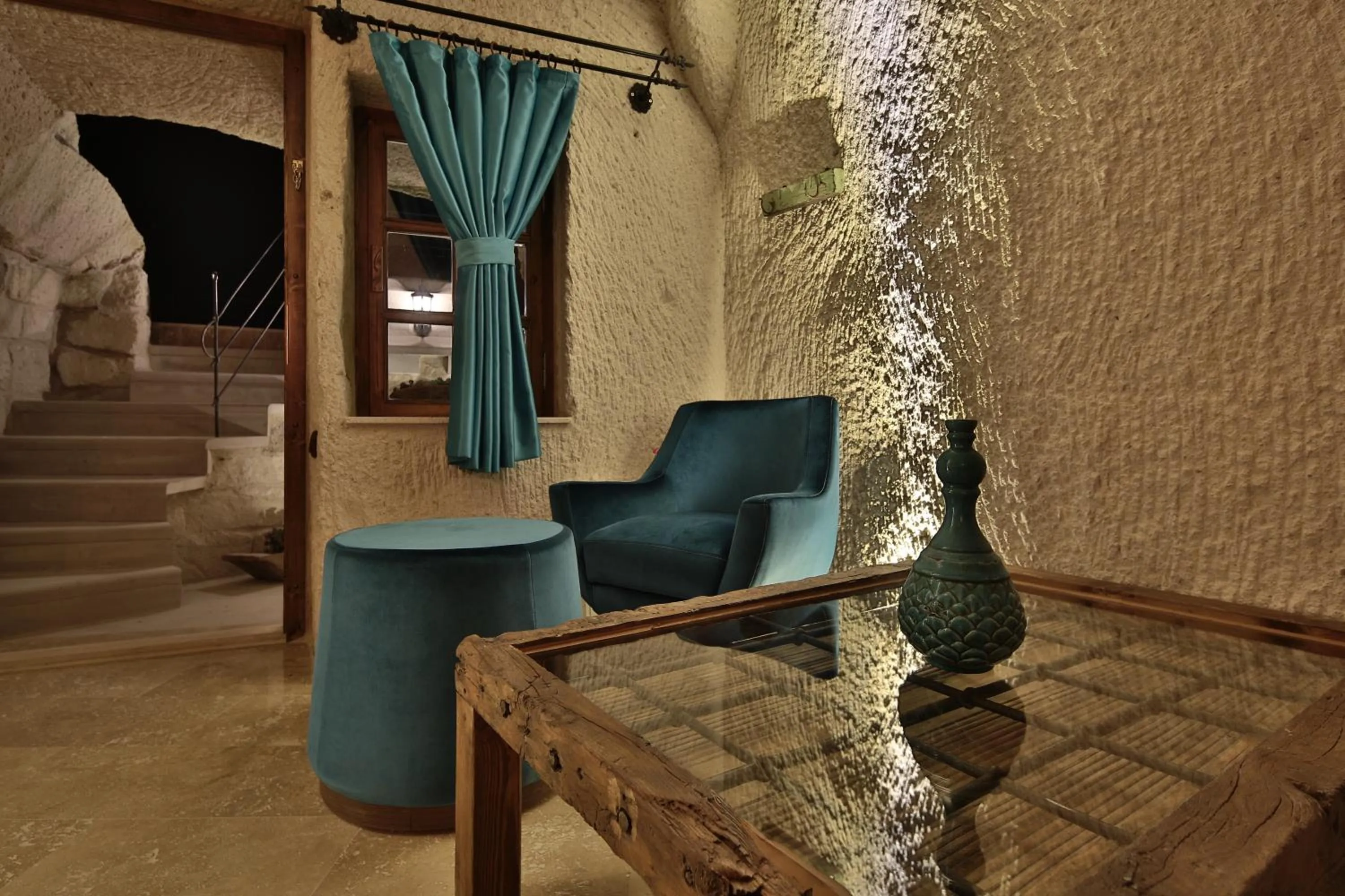 Seating area in The Owl Cave Hotel