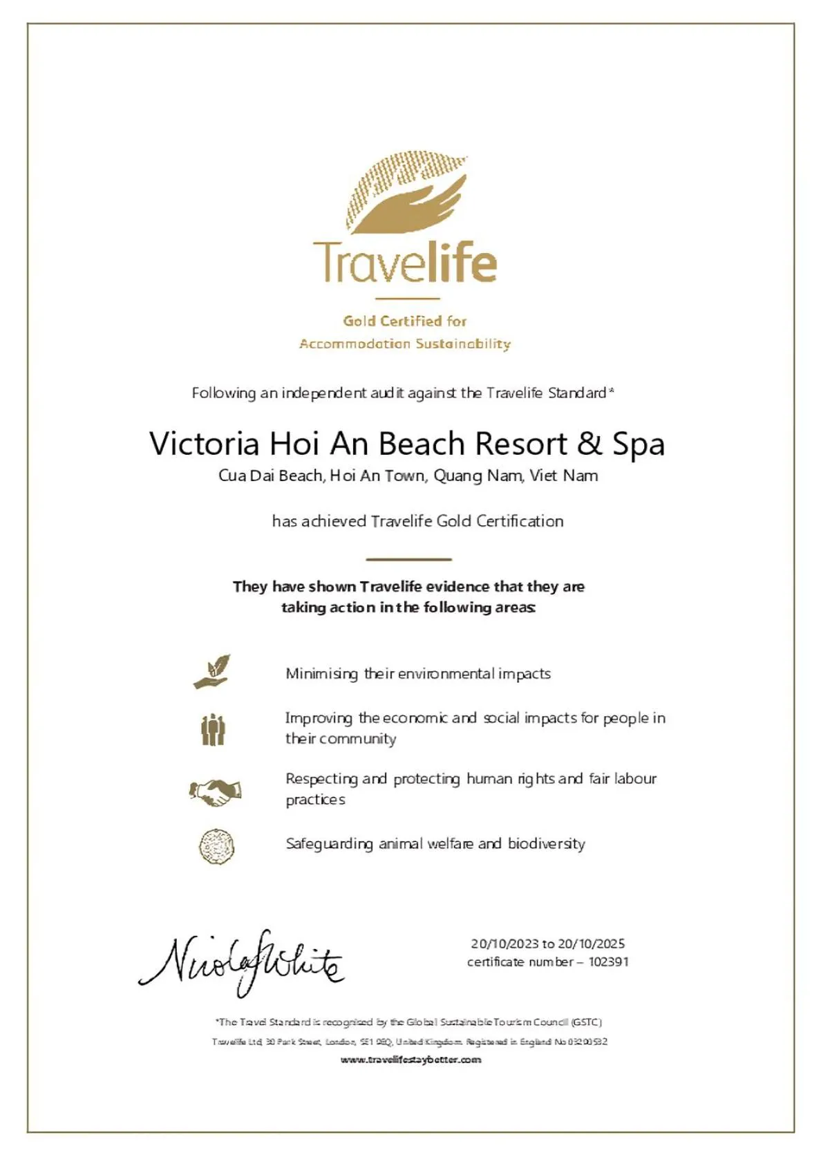 Certificate/Award in Victoria Hoi An Beach Resort & Spa