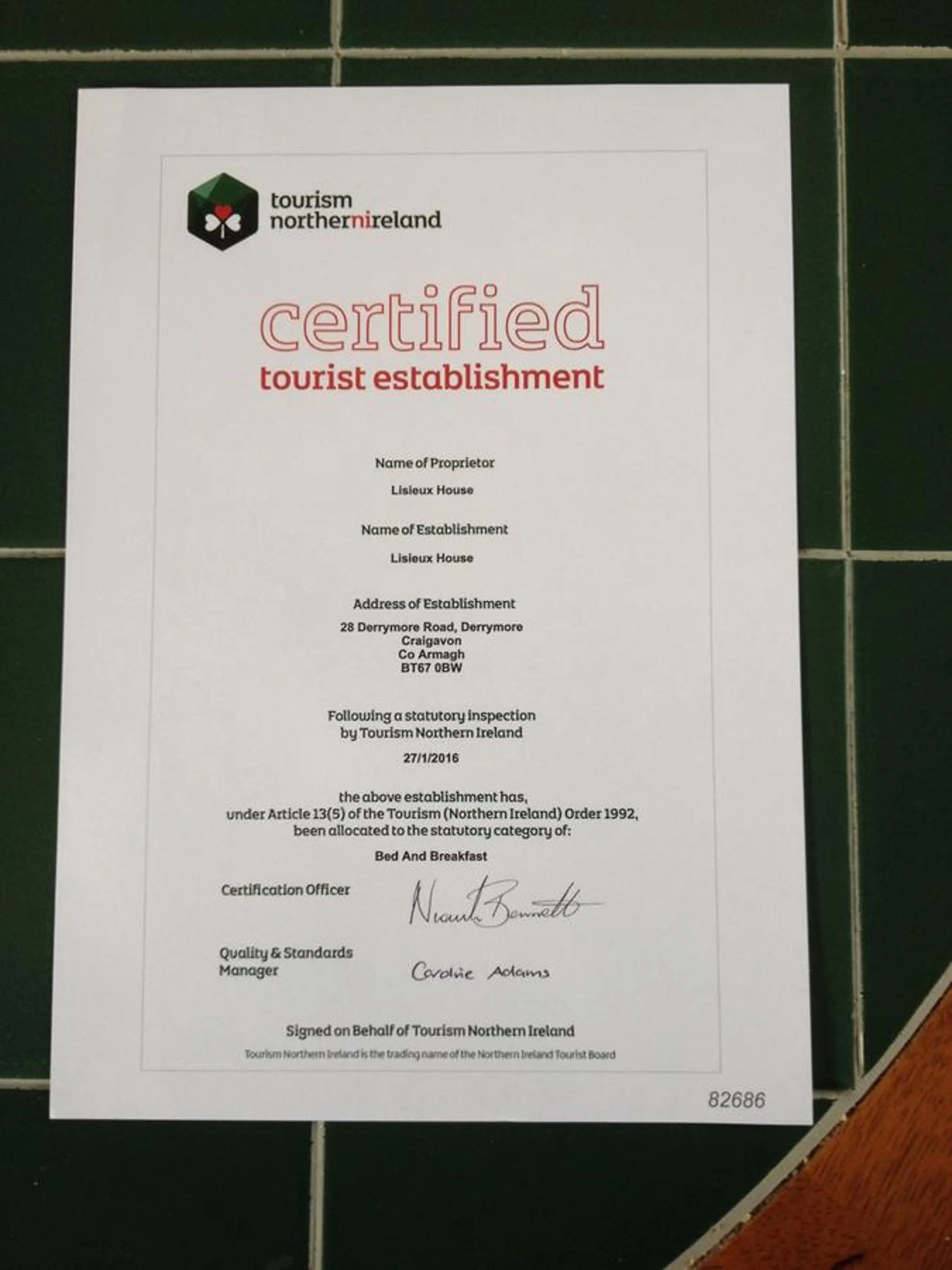 Certificate/Award in Lisieux House on Lough Neagh