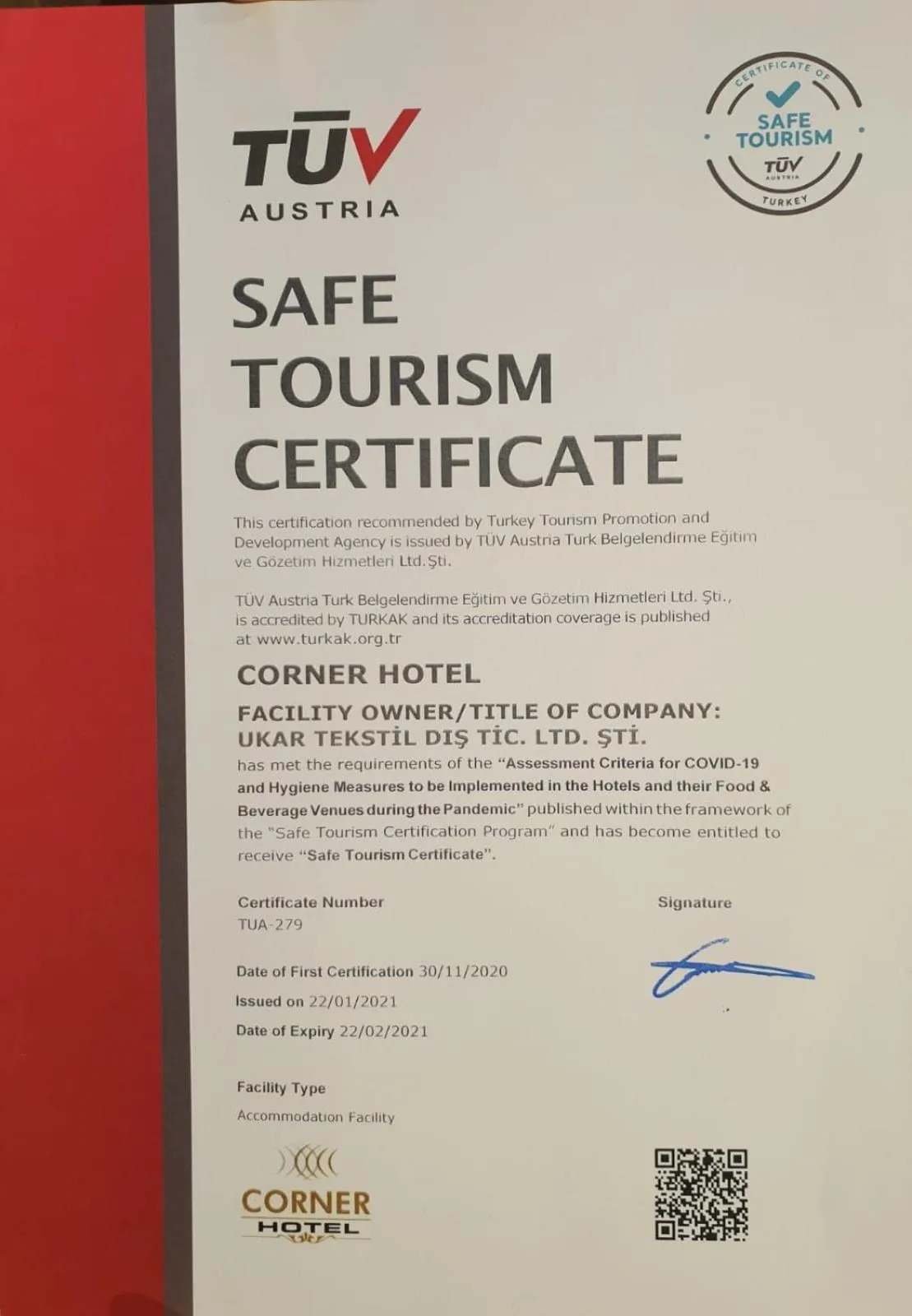 Logo/Certificate/Sign in Corner Hotel Laleli