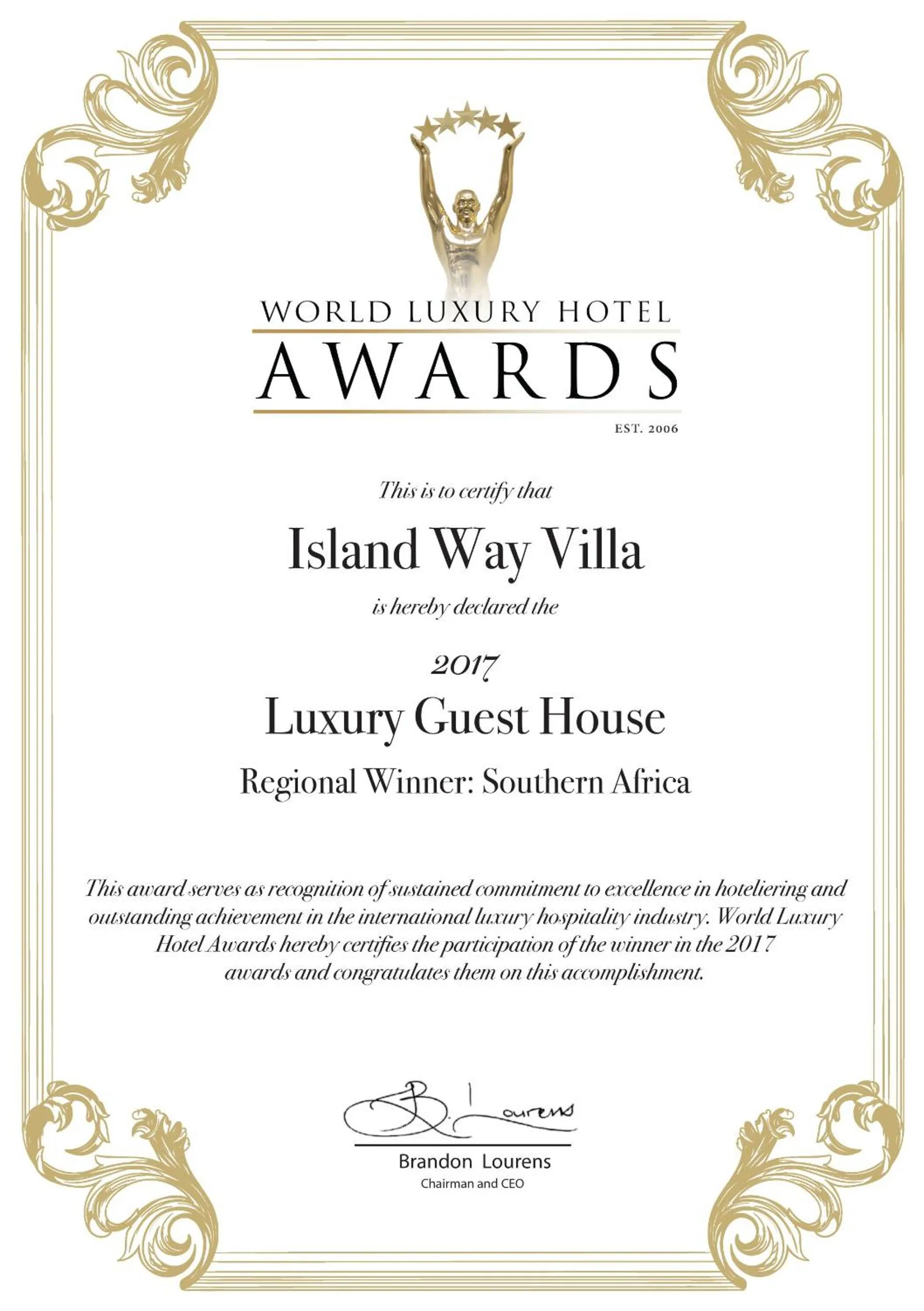 Certificate/Award in Island Way Villa