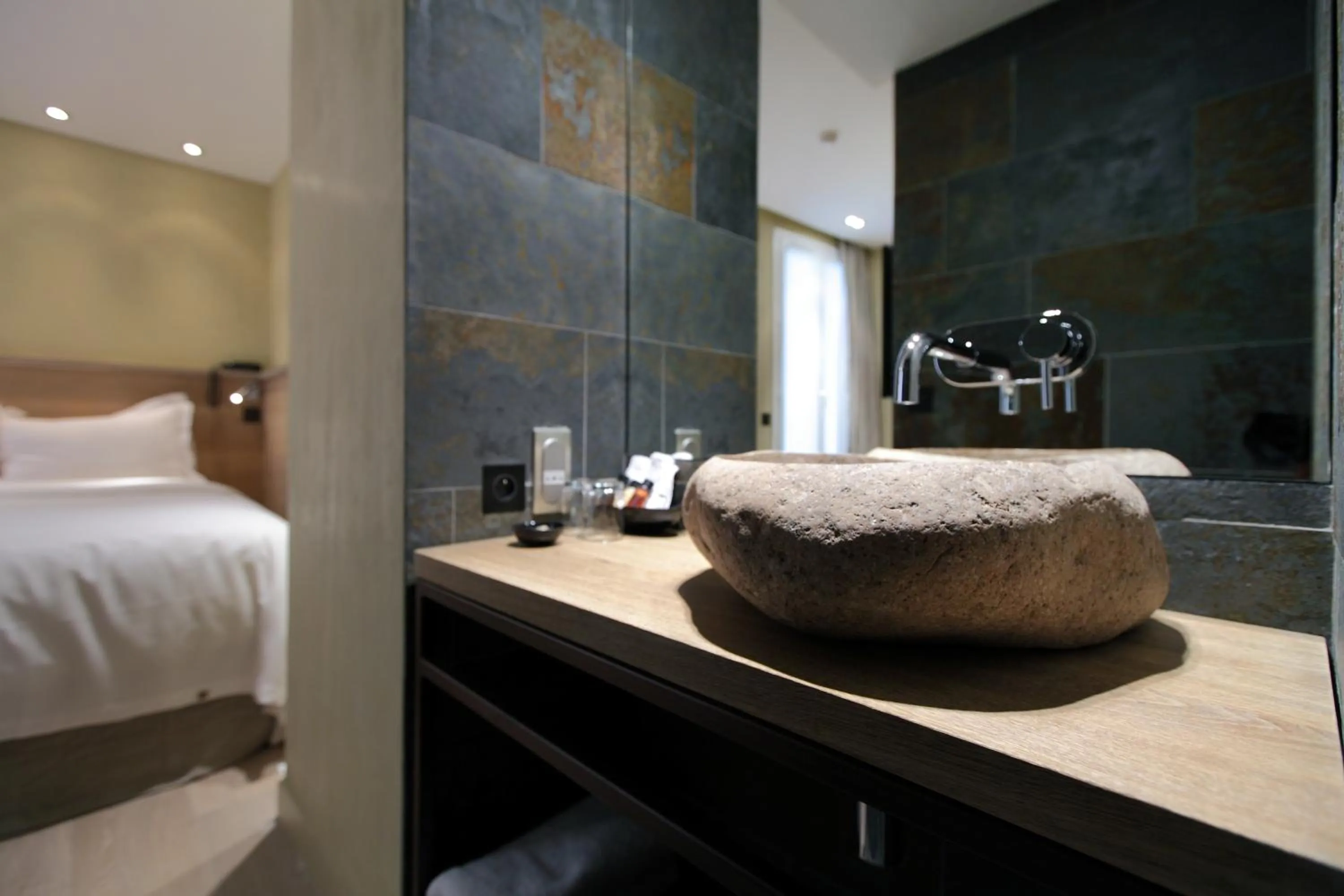 Shower, Bed in Hidden Hotel