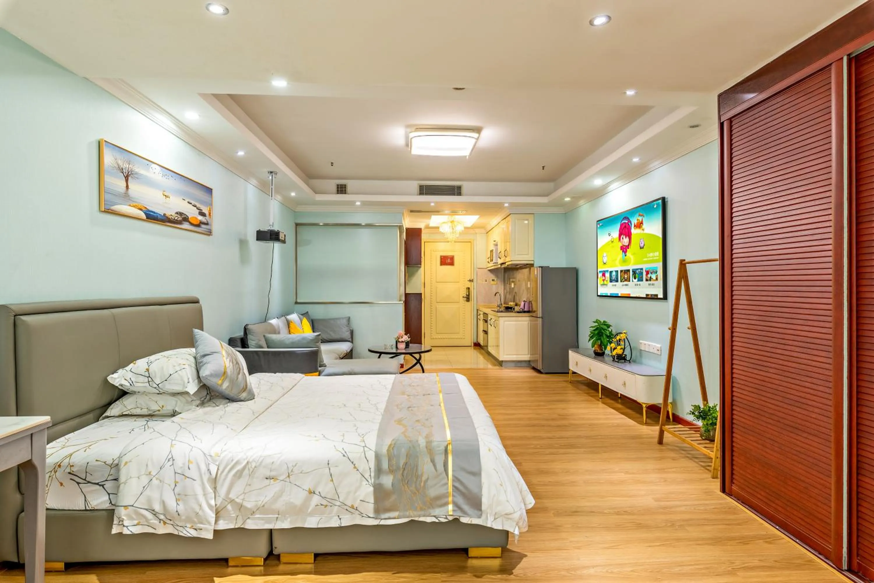 Bed in Guangzhou Manhattan International Apartment Zhengjia Free bus services are provided for the first and second phases
