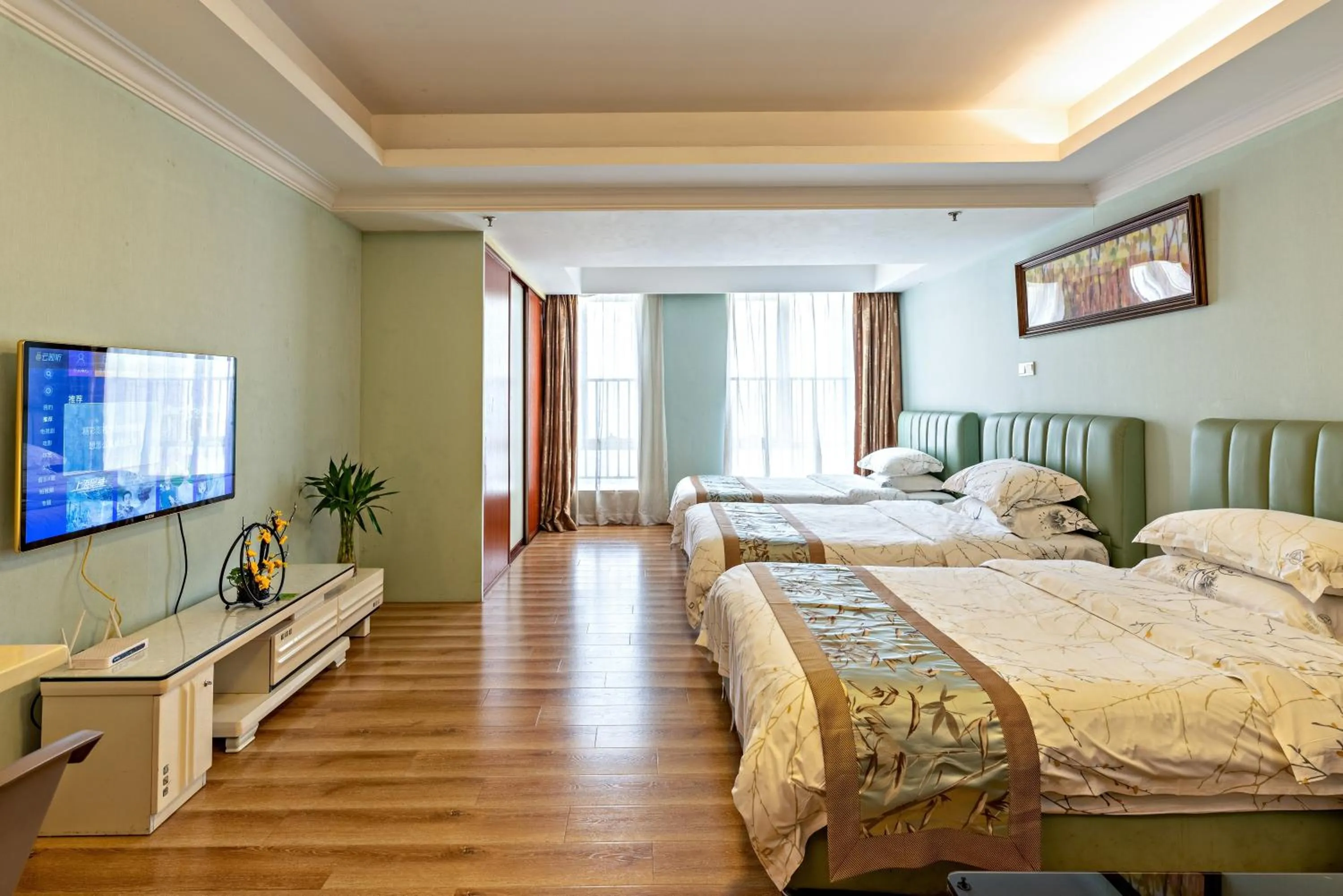 Bed in Guangzhou Manhattan International Apartment Zhengjia Free bus services are provided for the first and second phases