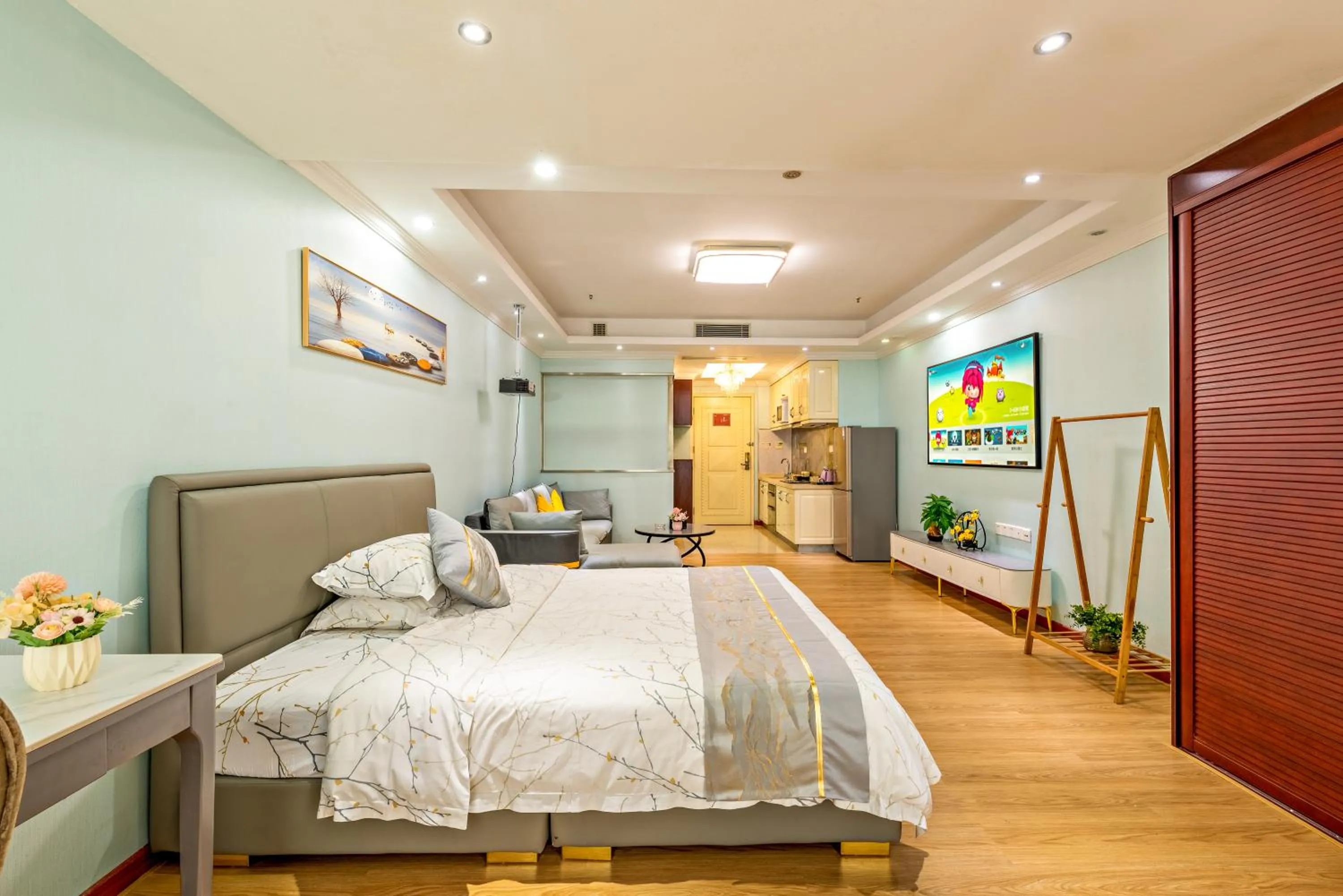 Bed in Guangzhou Manhattan International Apartment Zhengjia Free bus services are provided for the first and second phases