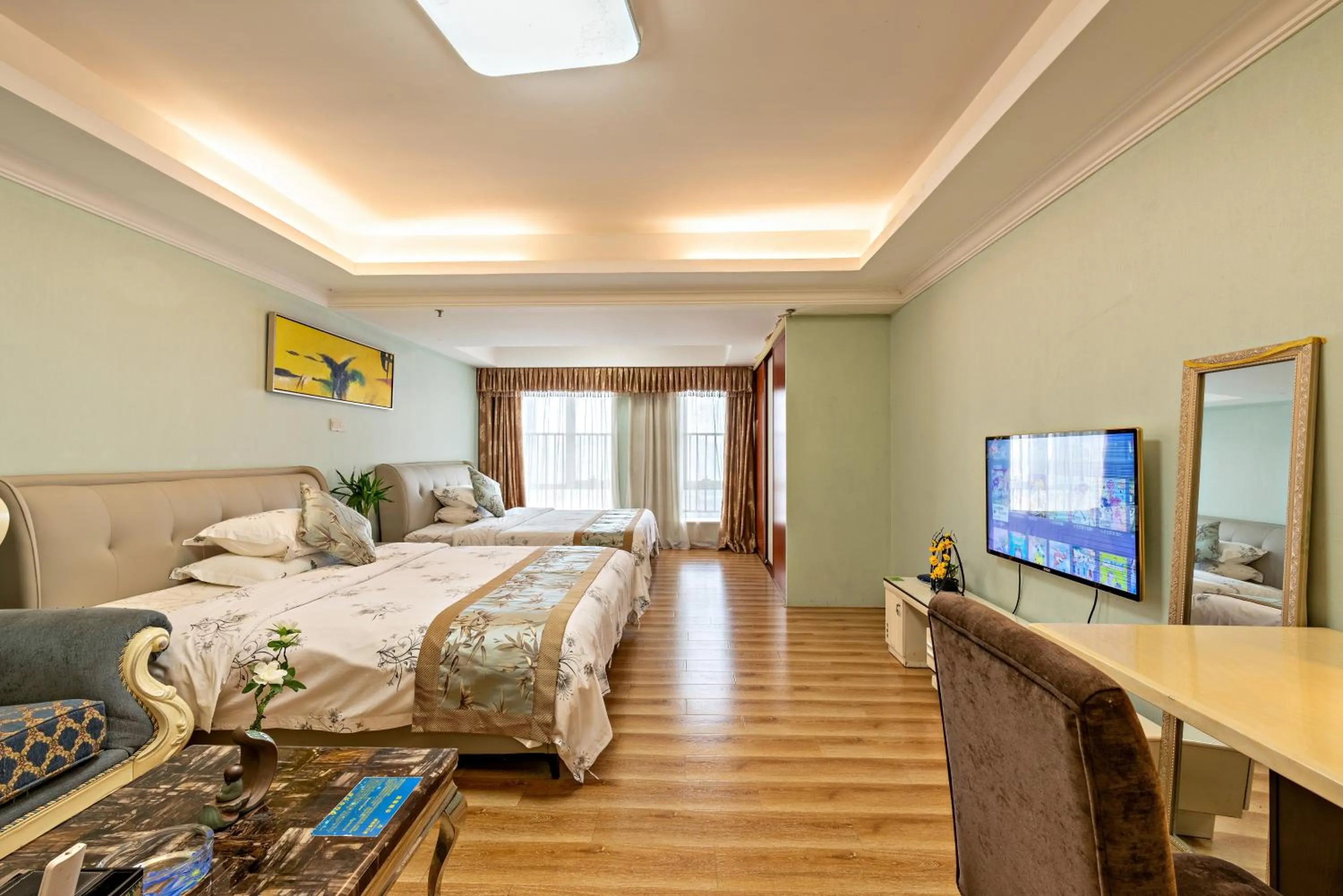 Bed in Guangzhou Manhattan International Apartment Zhengjia Free bus services are provided for the first and second phases