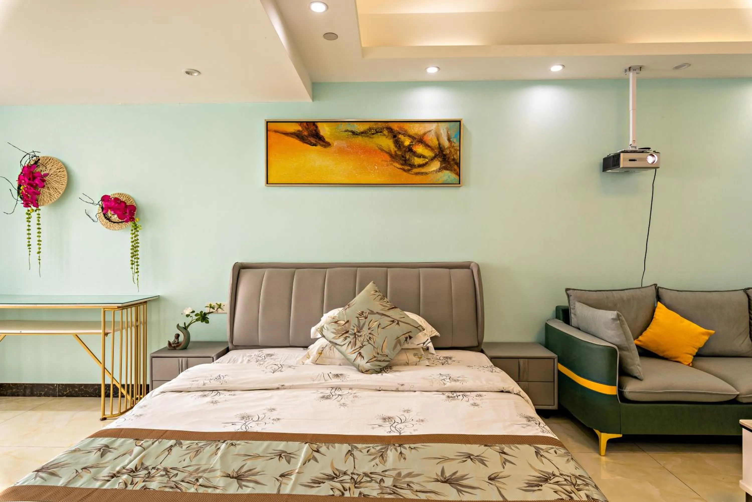 Bed in Guangzhou Manhattan International Apartment Zhengjia Free bus services are provided for the first and second phases