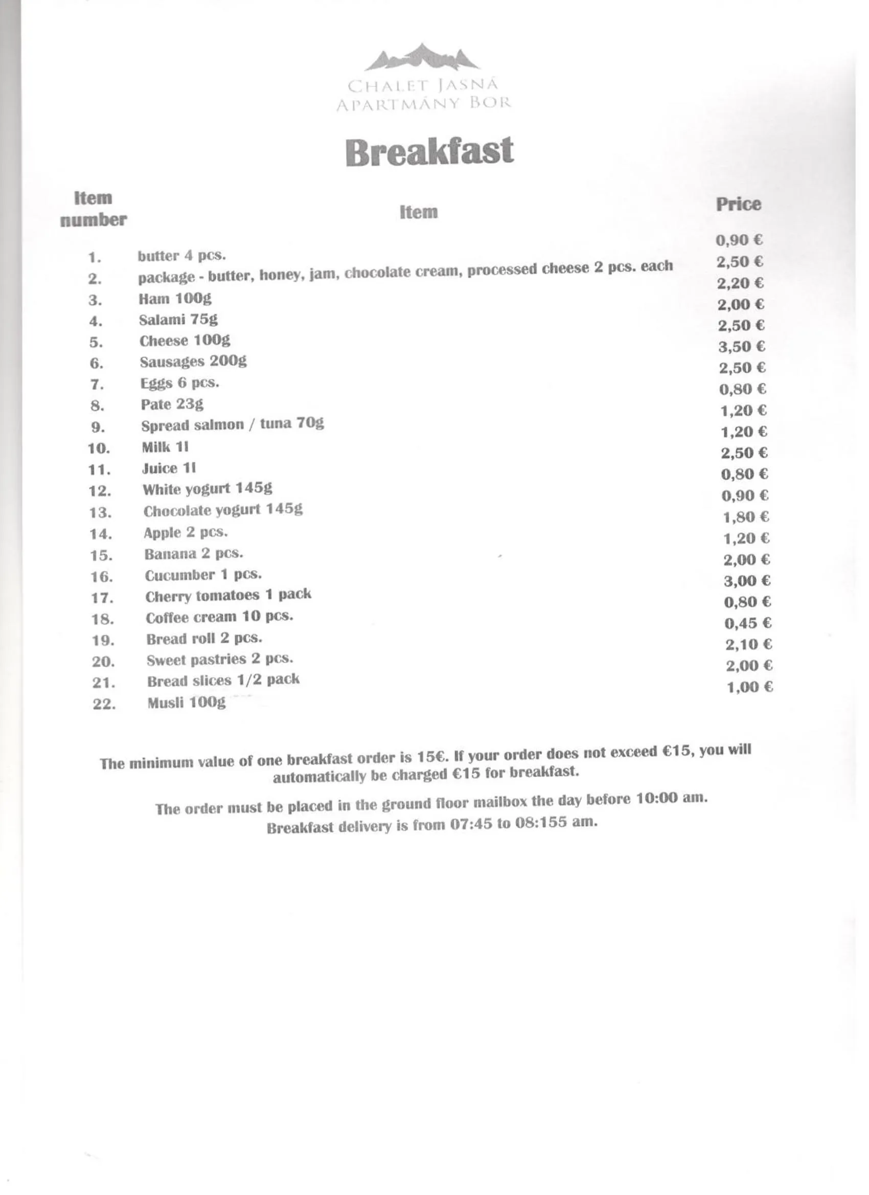 Breakfast in Chalety Jasná Apartmány Bor