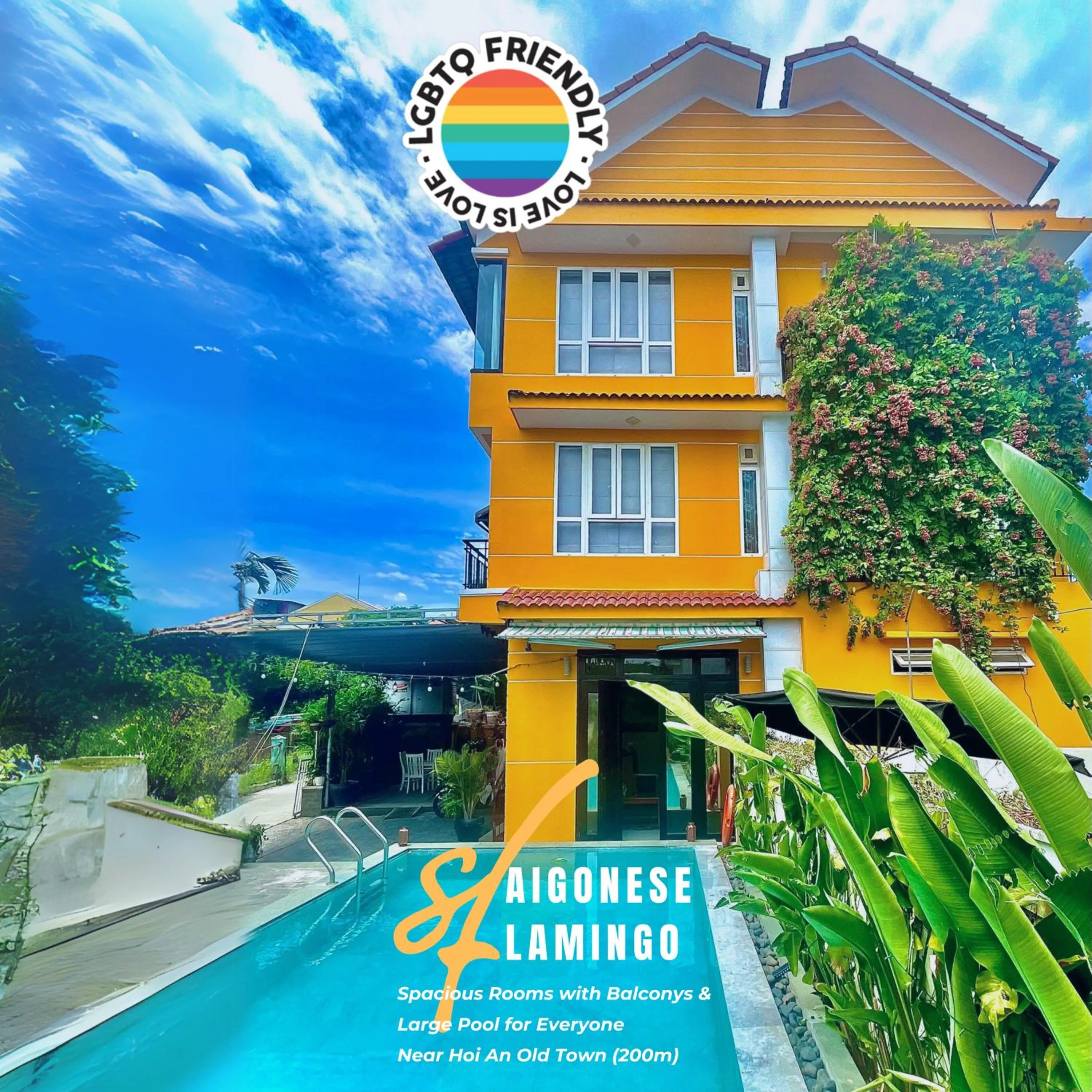 Property building in Flamingo Villa Homestay - Big Rooms with Balcony - Close to Hoi An Old Town 200m & Temple Bridge - Large Outside Pool for Sun Bathing