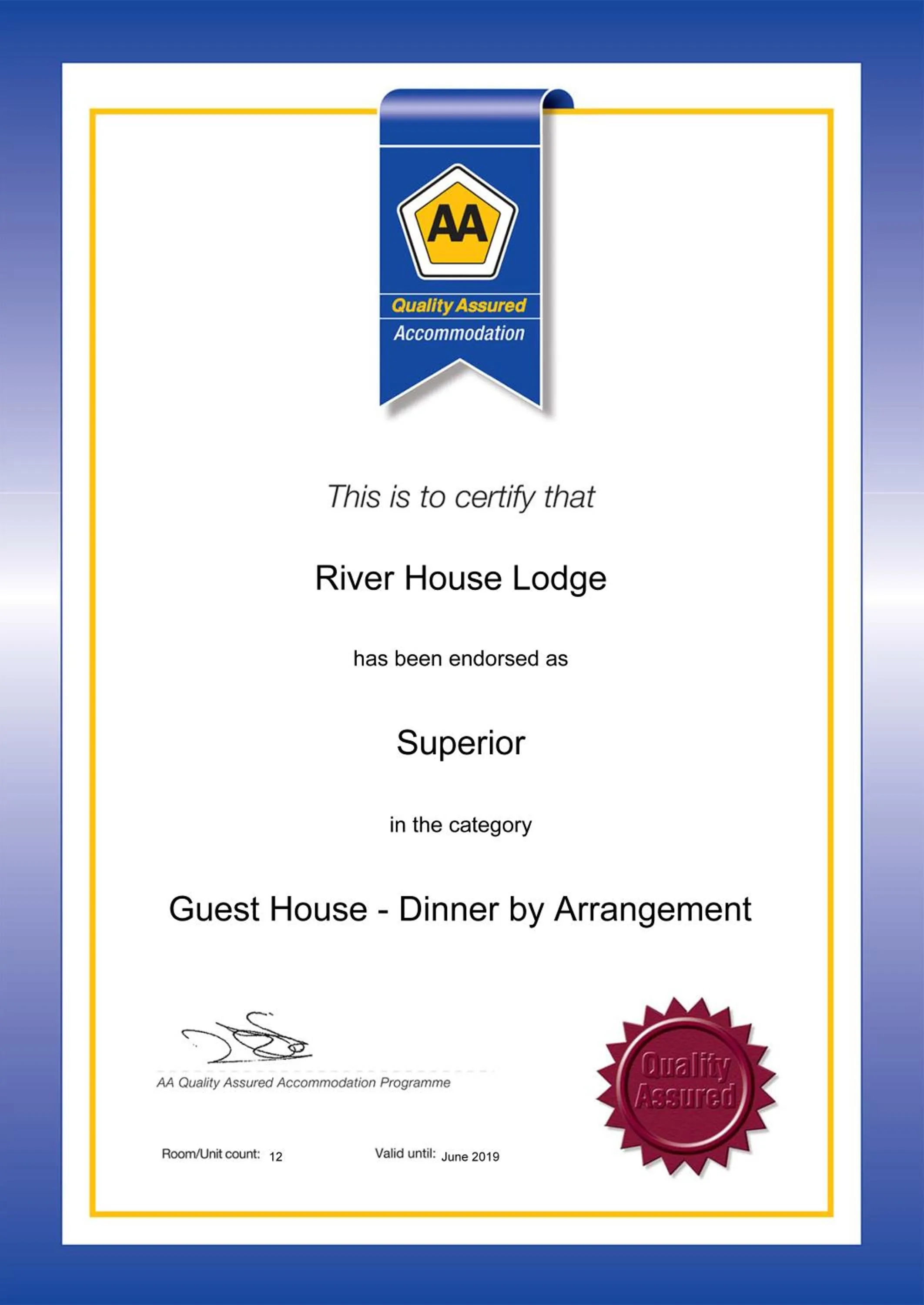 Certificate/Award in River House Lodge