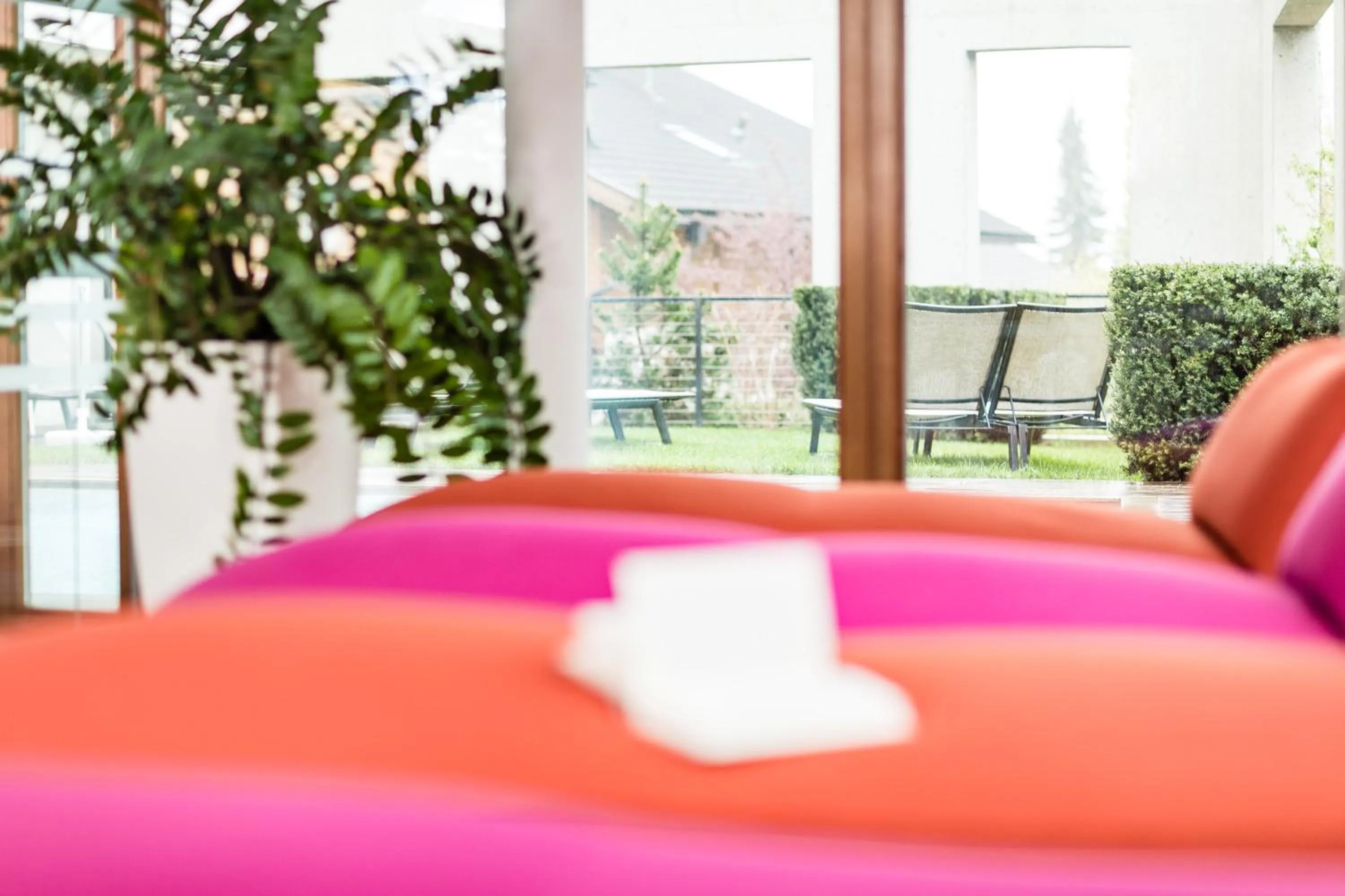 Patio, Bed in Hotel Valserhof