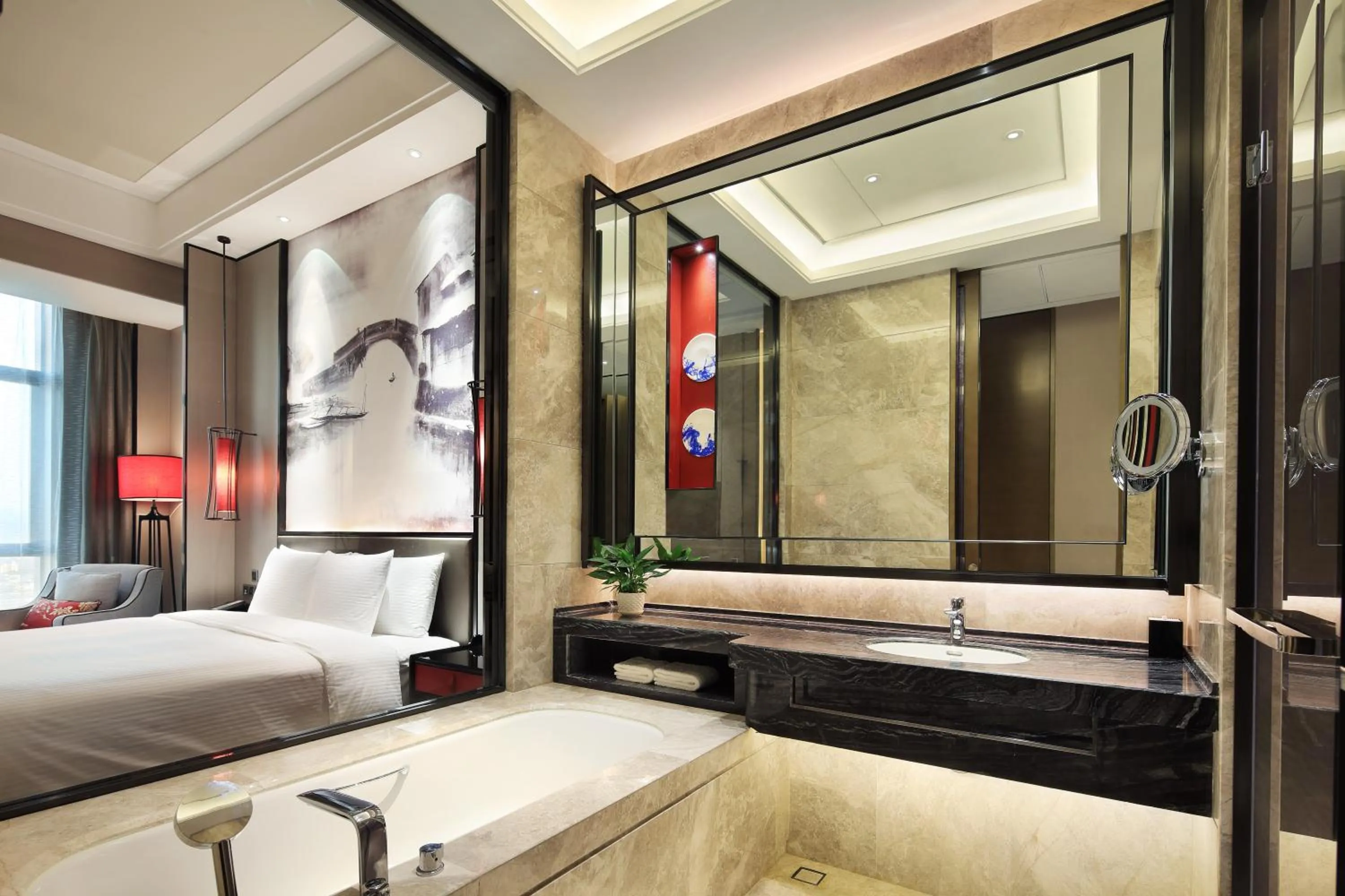 Bathroom, Bed in Wanda Realm Yiwu