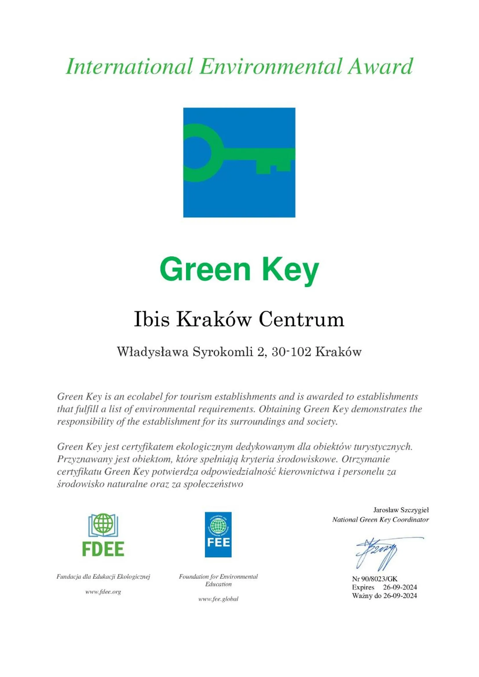 Certificate/Award in Hotel Ibis Krakow Centrum