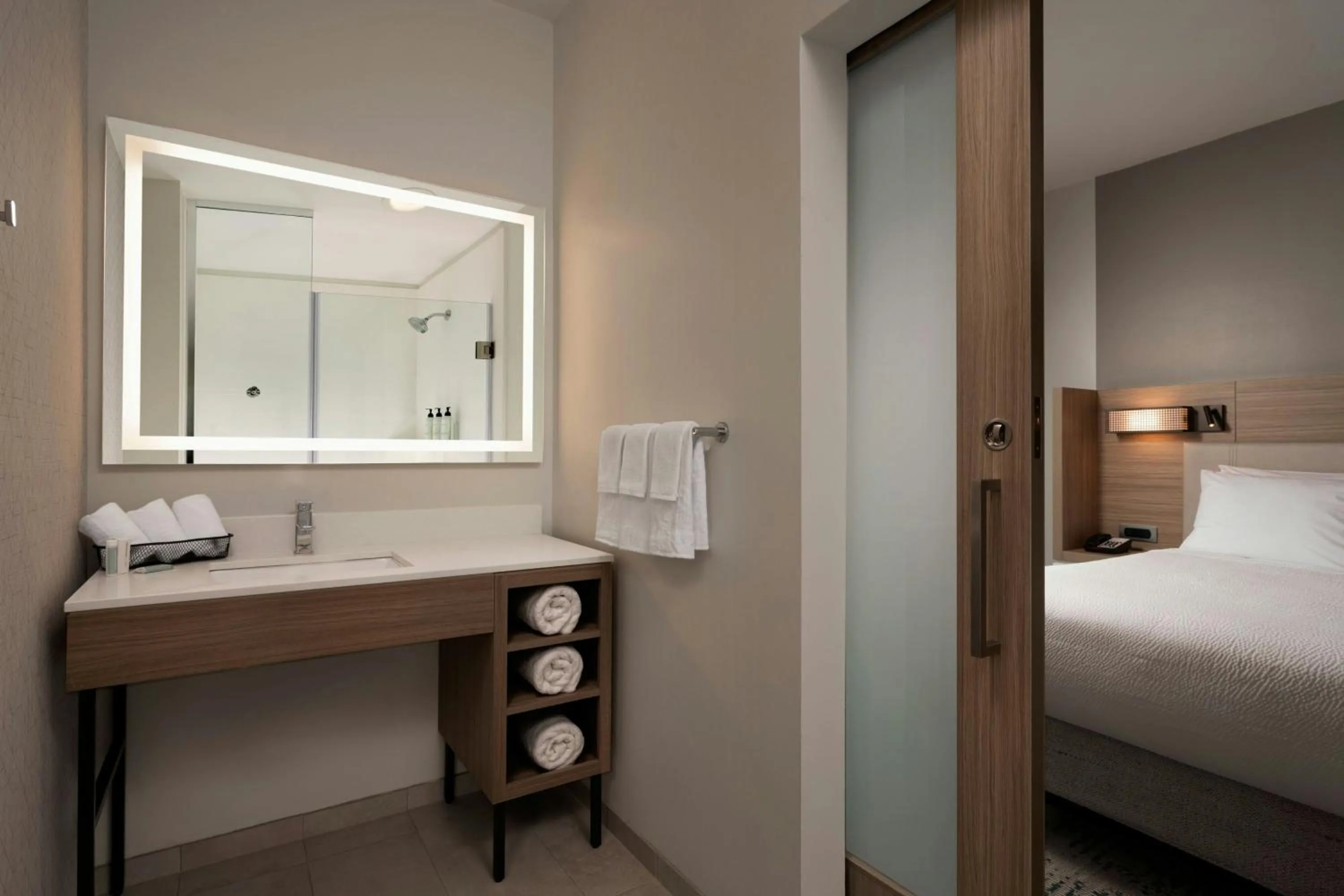 Bathroom, Bed in SpringHill Suites by Marriott Houston Brookhollow