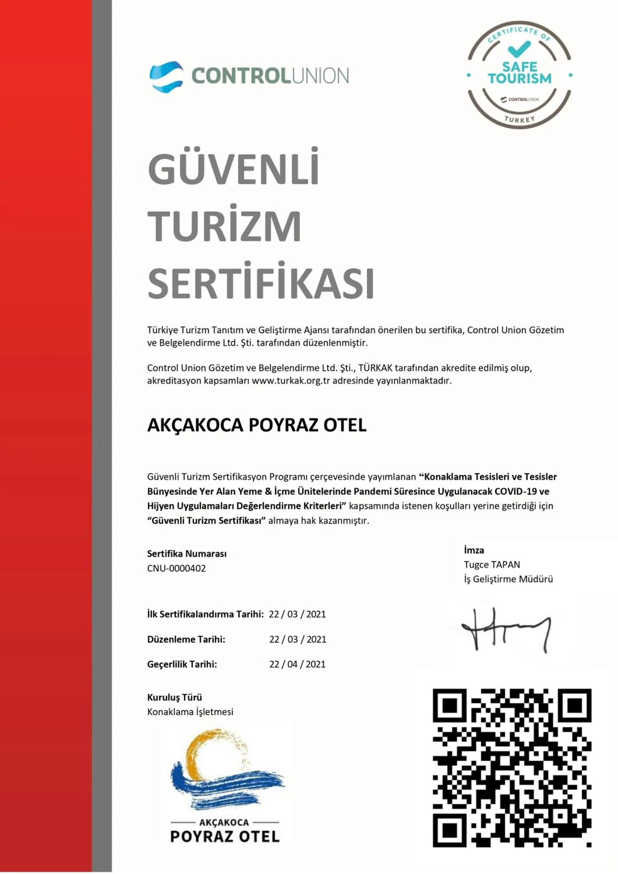 Certificate/Award in Akcakoca Poyraz Otel
