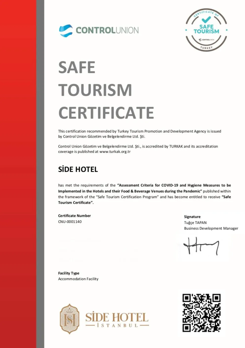 Certificate/Award in Side Hotel