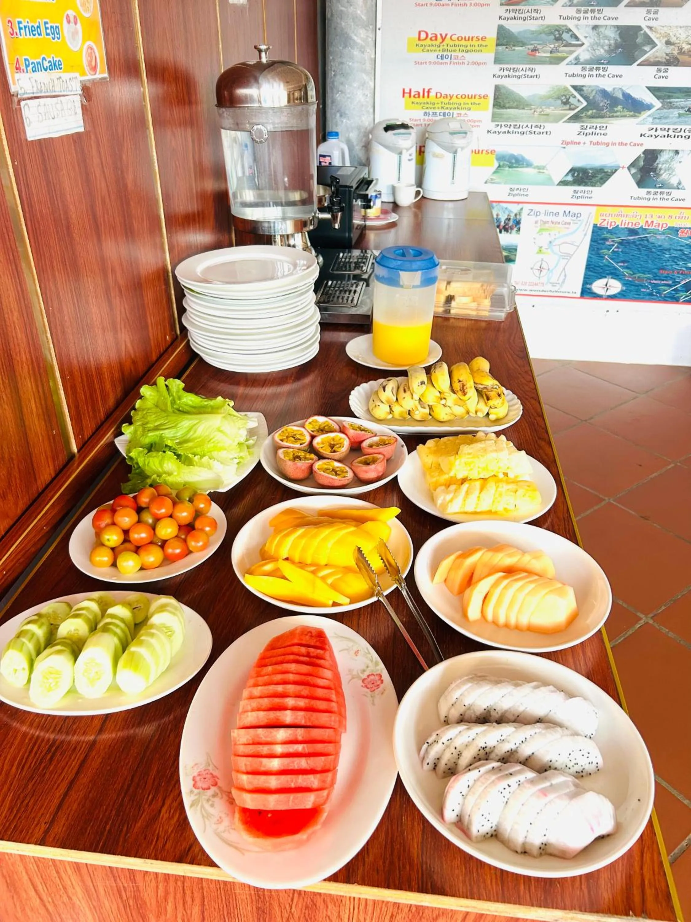 Buffet breakfast in Vangvieng Rock Backpacker Rooftop Hostel