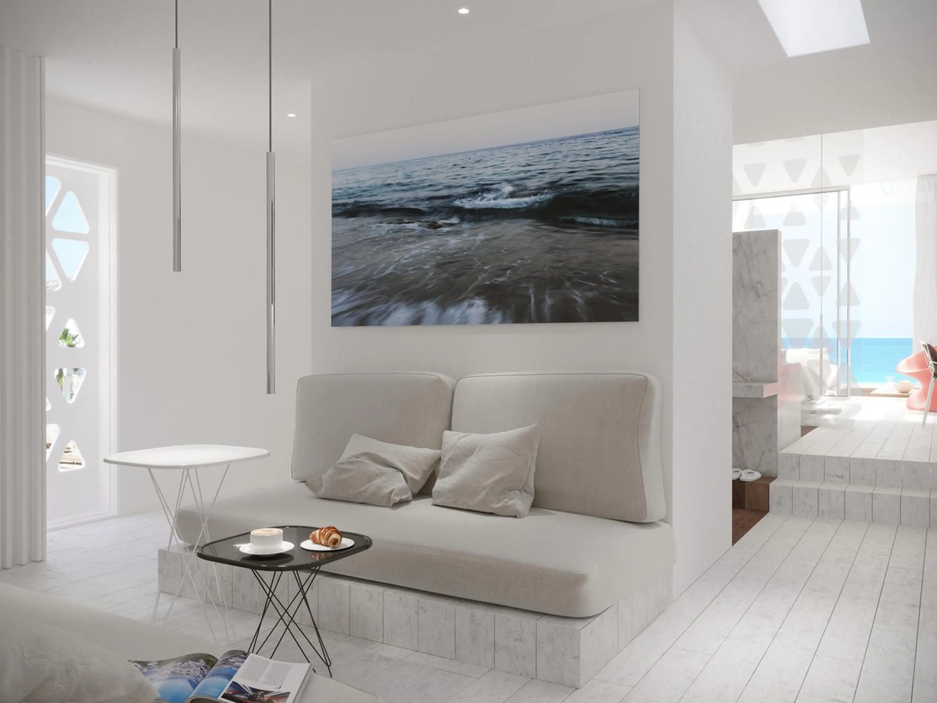 Seating area, Bed in Mykonos Dove Beachfront Hotel