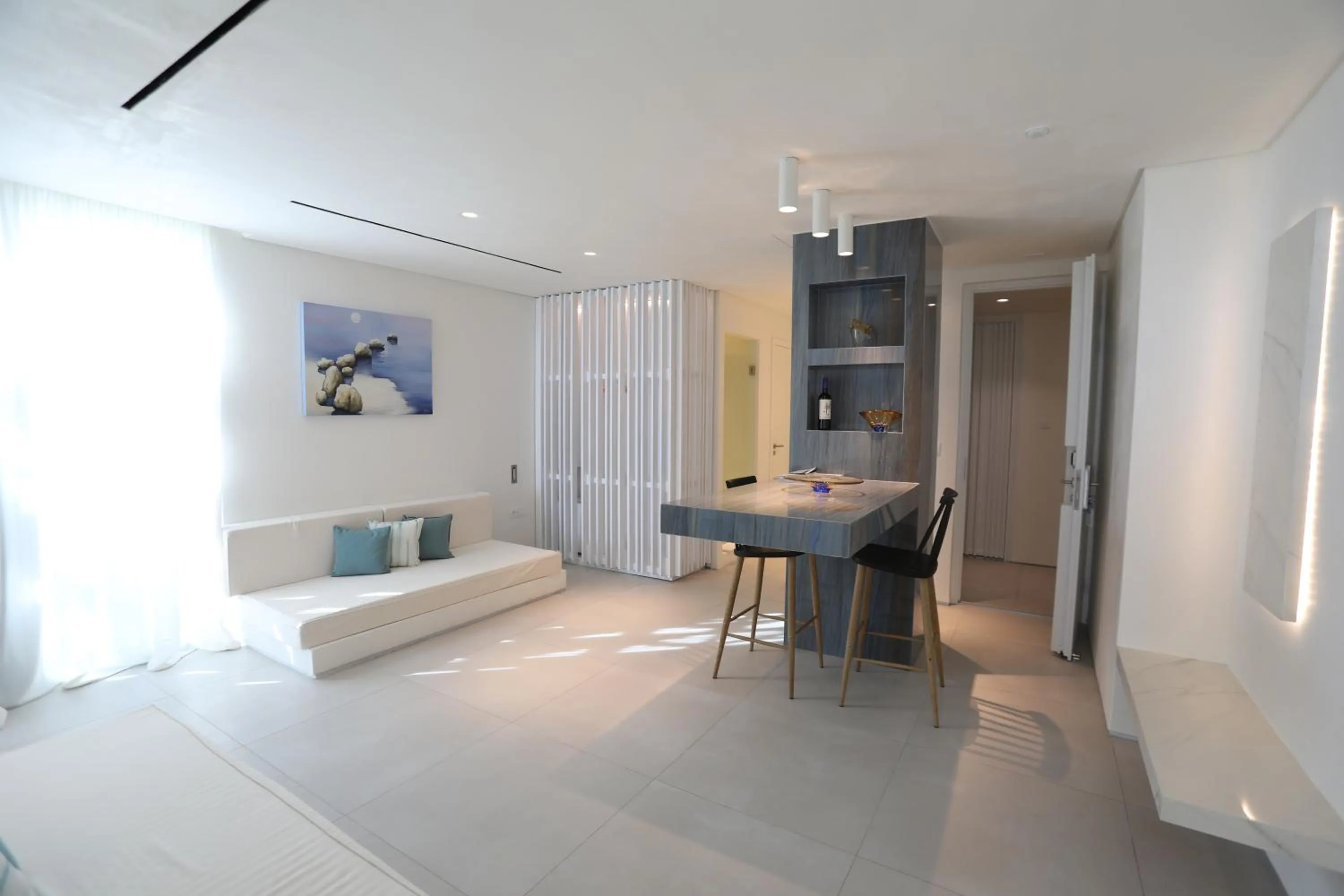 Seating area, Bed in Mykonos Dove Beachfront Hotel