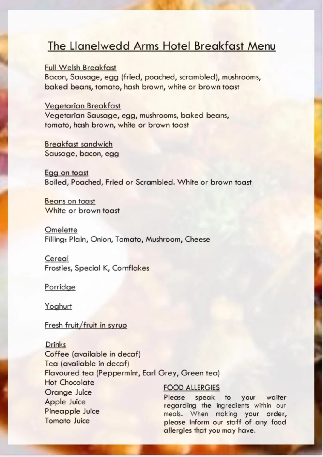 Breakfast in The Llanelwedd Arms Hotel