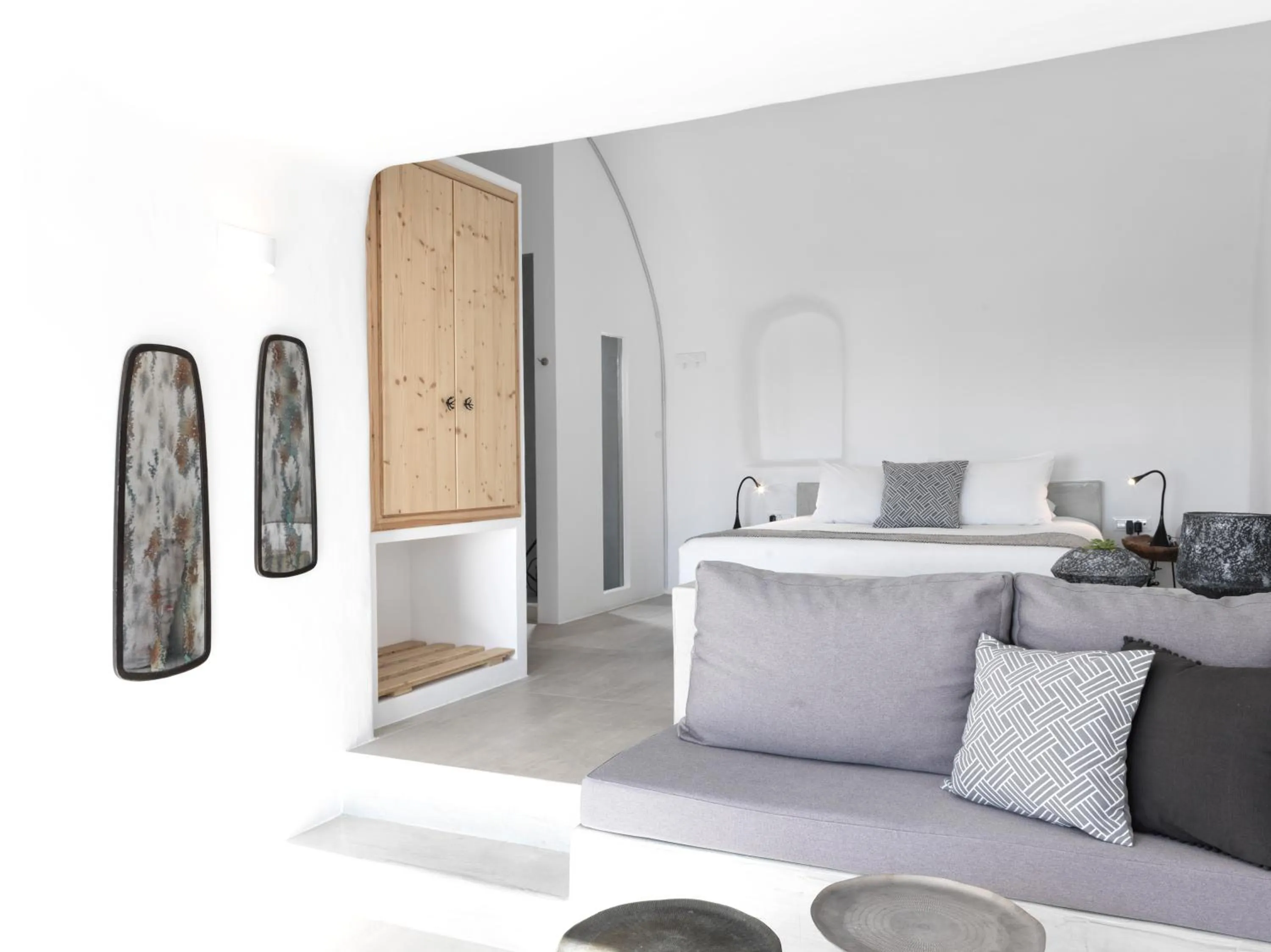 Living room, Bed in Elysian Santorini