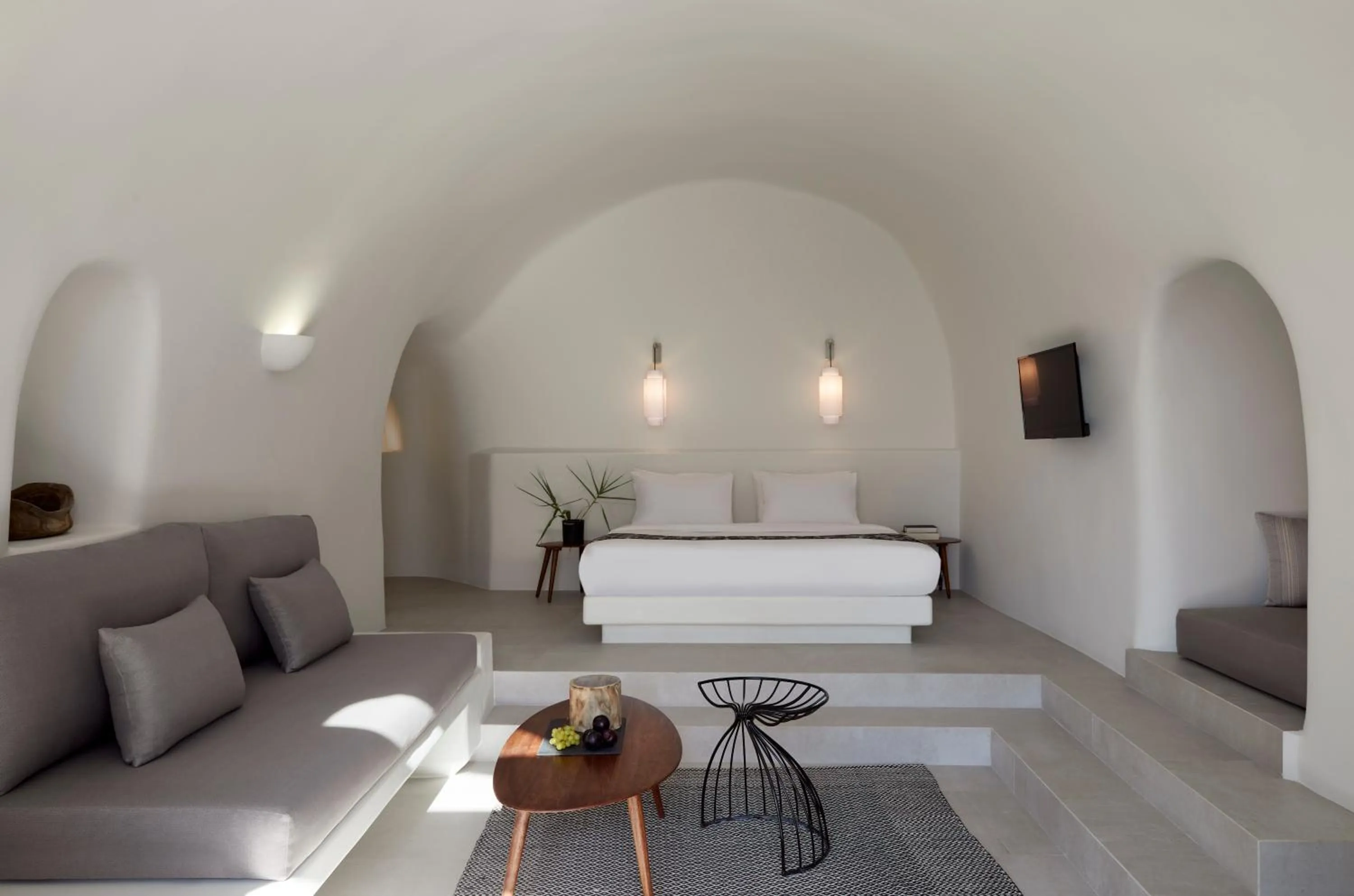 Living room, Bed in Elysian Santorini