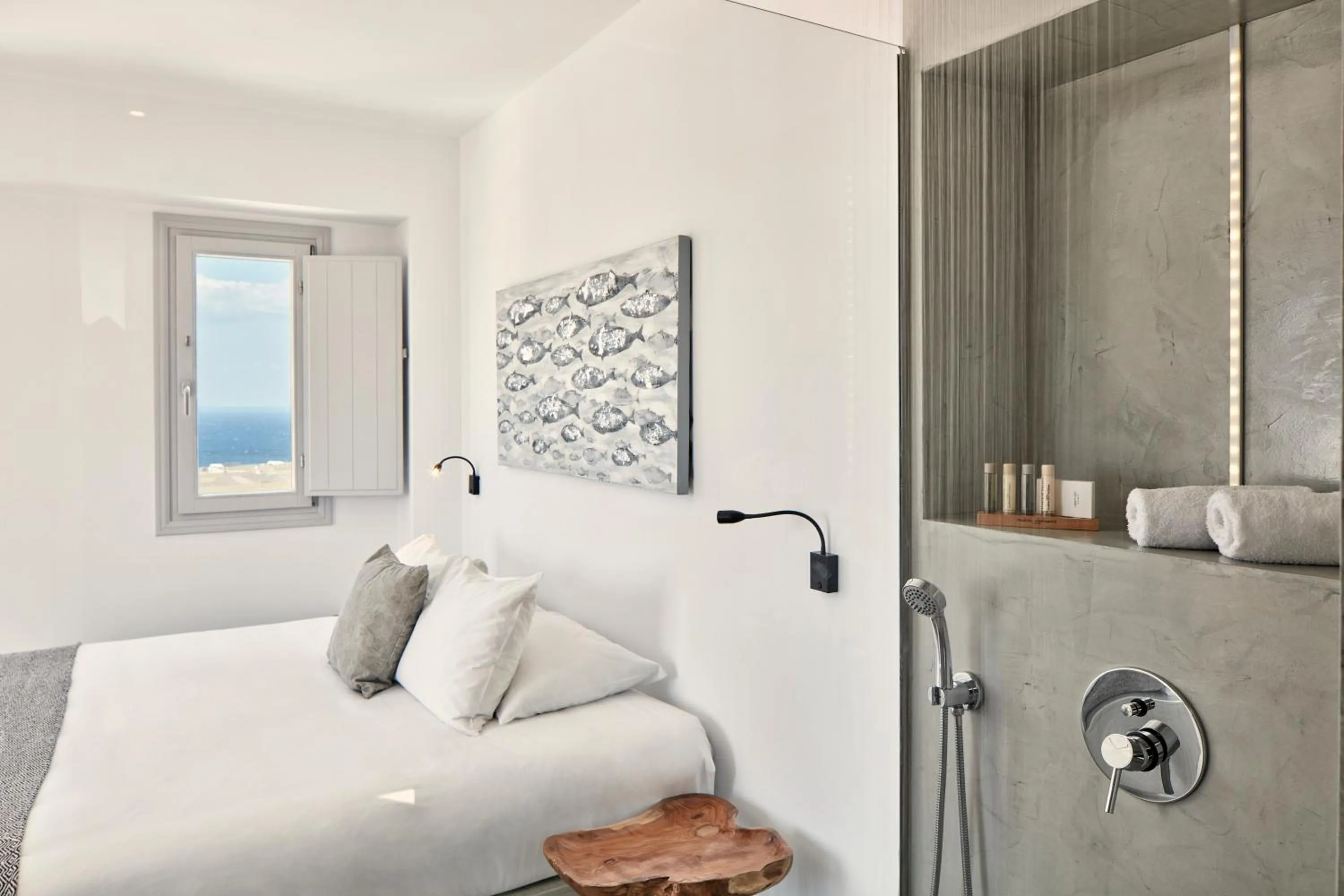 Shower, Bed in Elysian Santorini