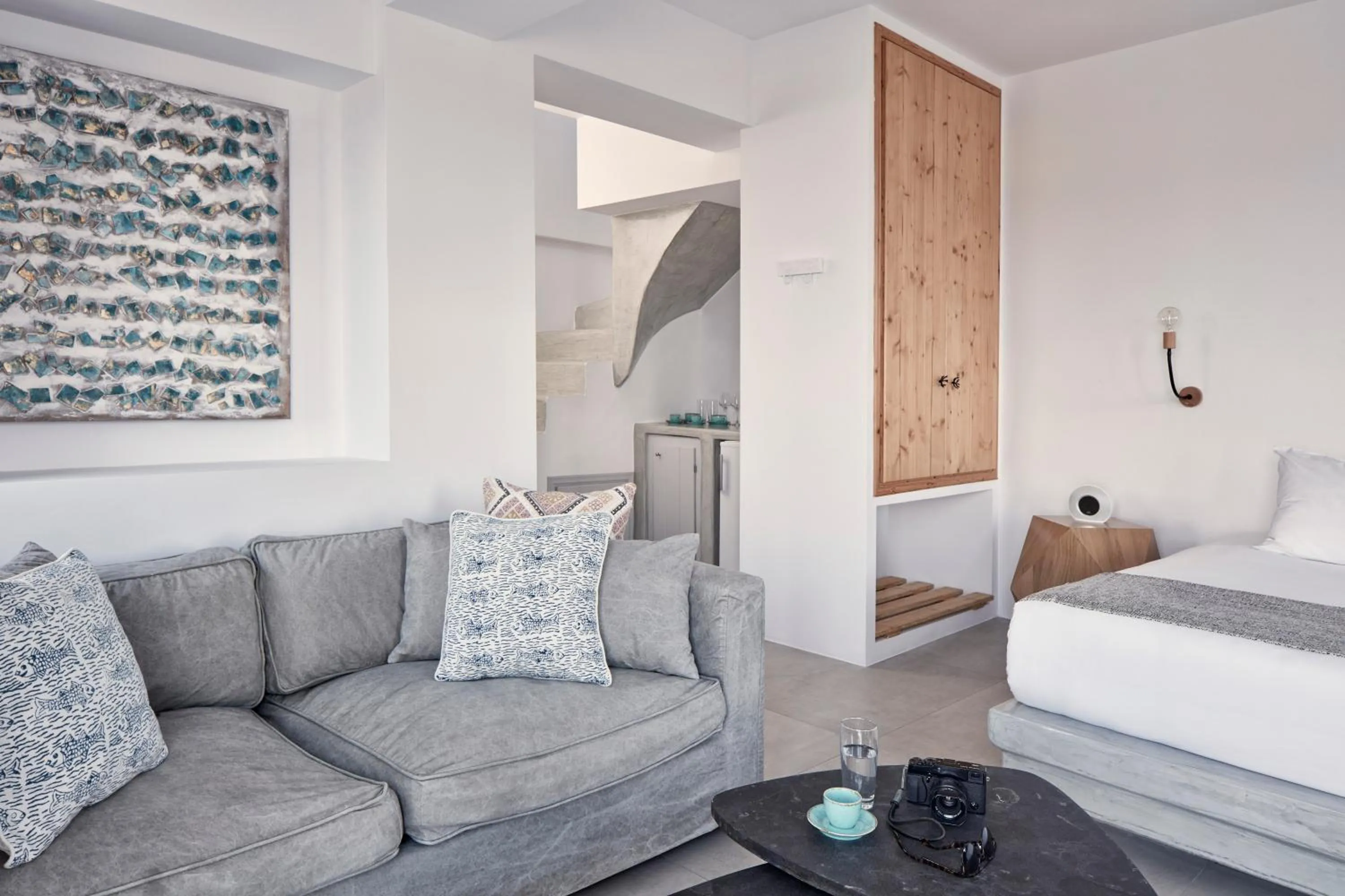 Living room, Bed in Elysian Santorini