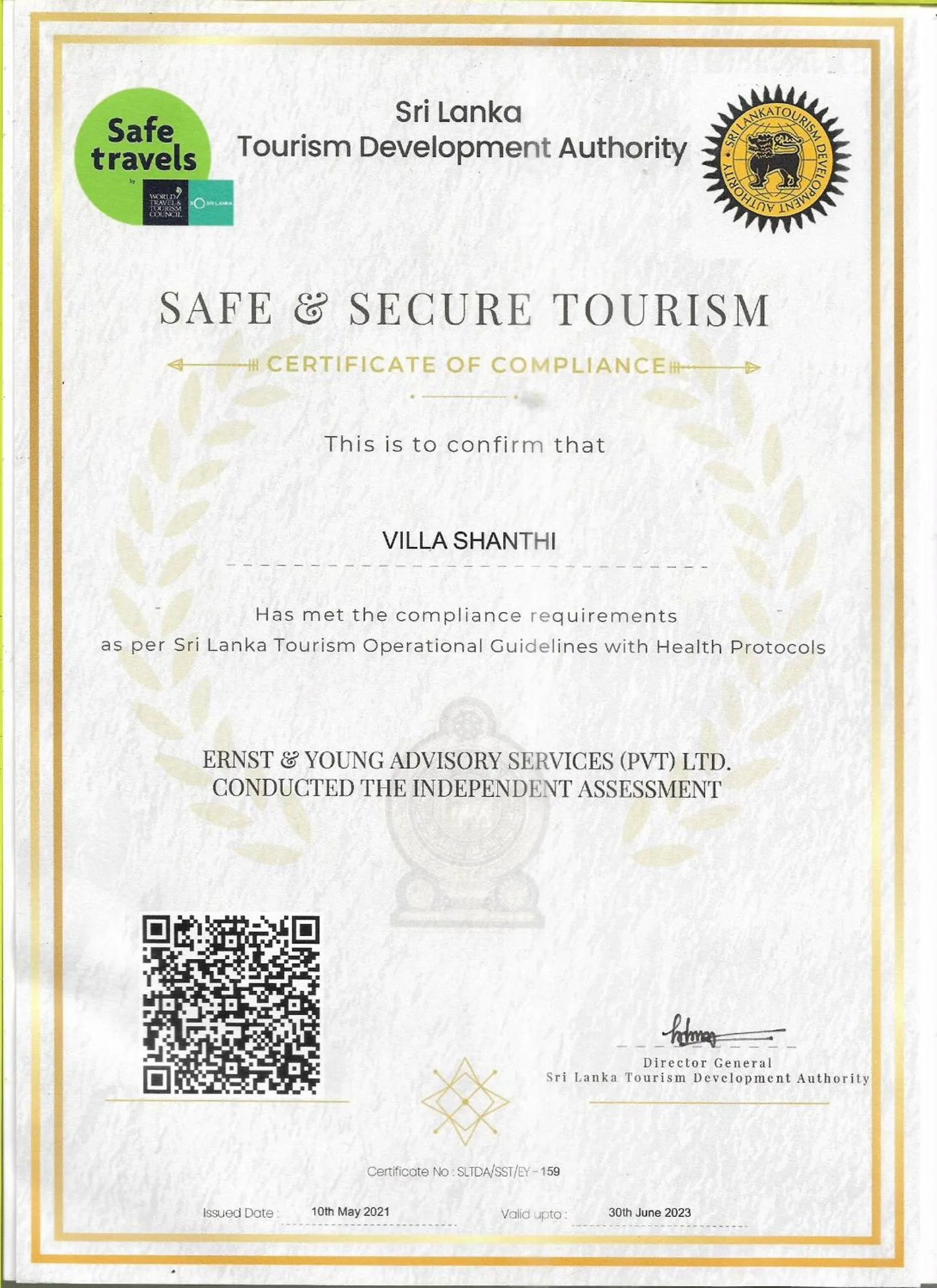 Certificate/Award in Boutique Villa Shanthi