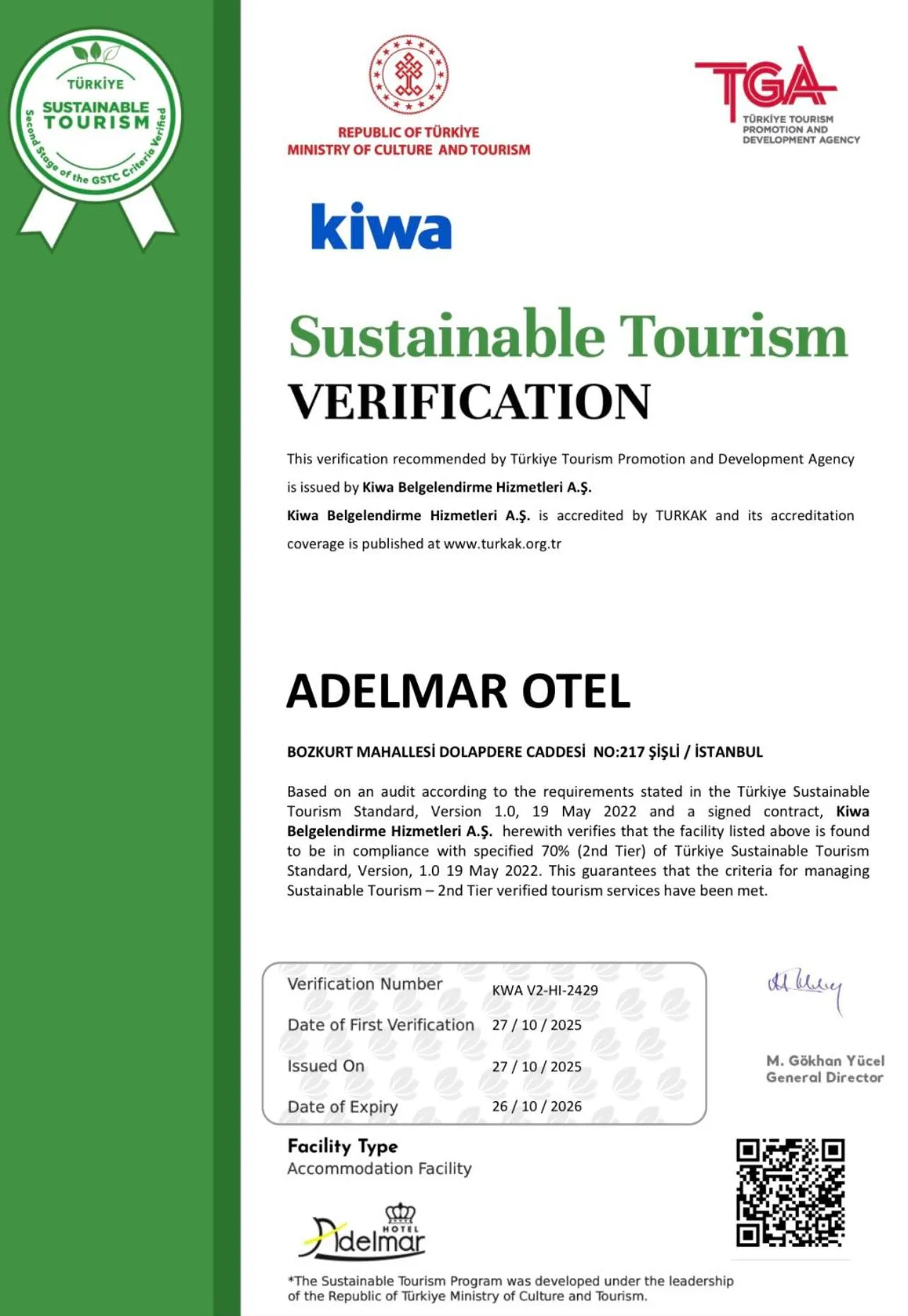 Certificate/Award in Adelmar Hotel Istanbul Sisli