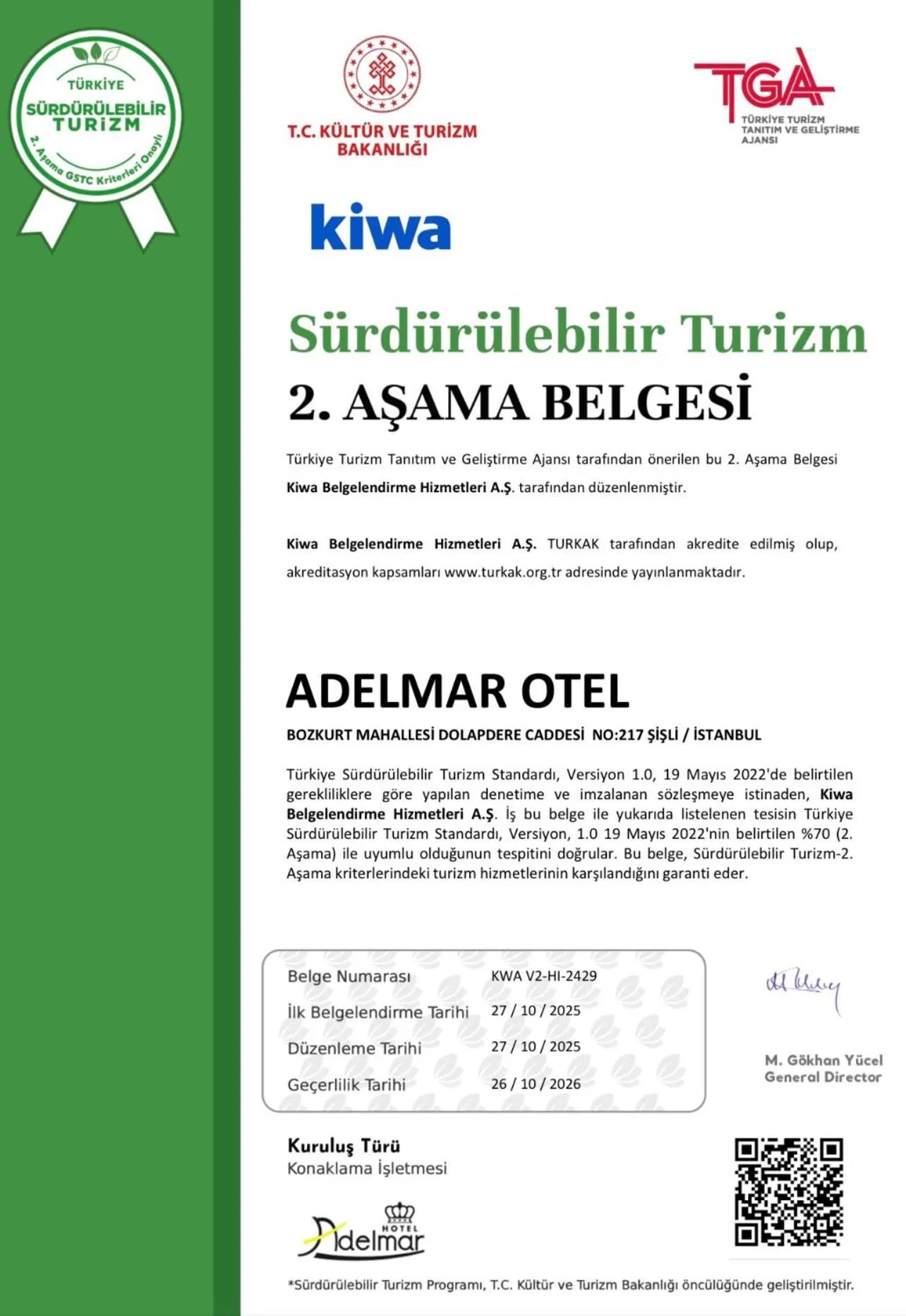 Certificate/Award in Adelmar Hotel Istanbul Sisli