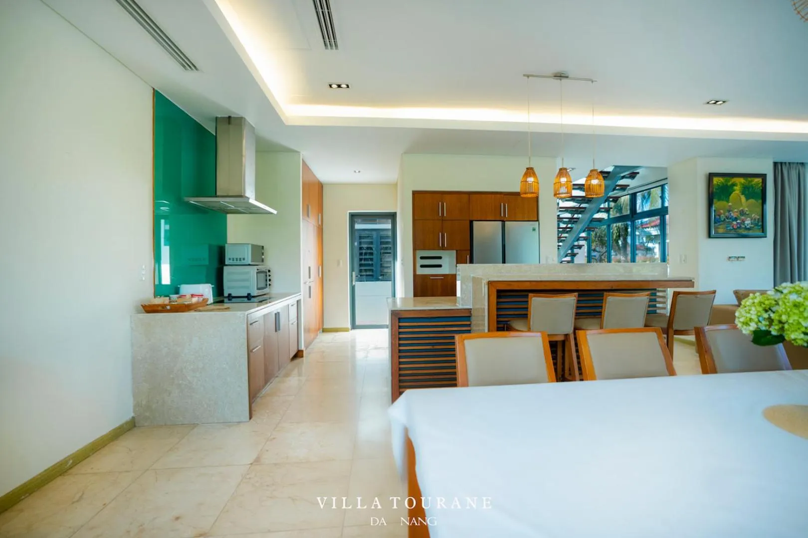 kitchen, Bed in Villa Tourane