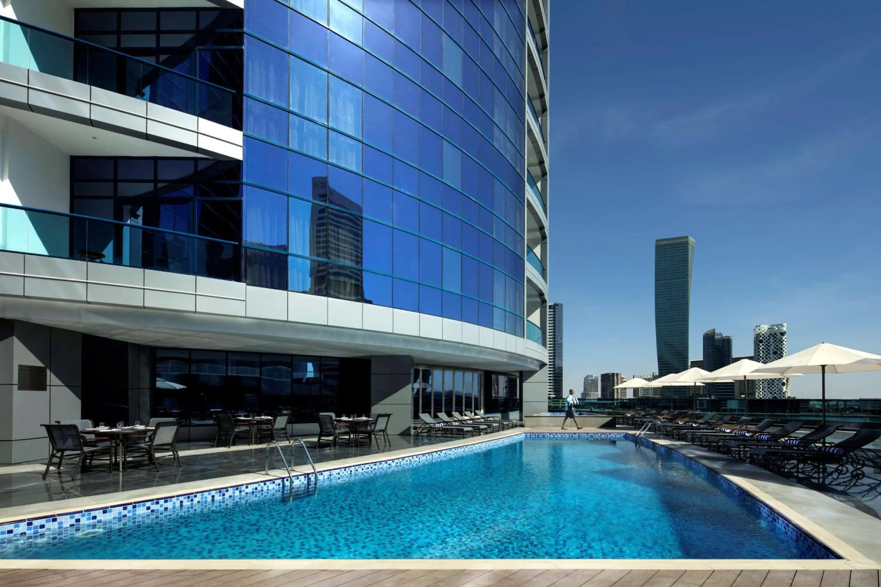 Pool view in Radisson Blu Hotel, Dubai Waterfront