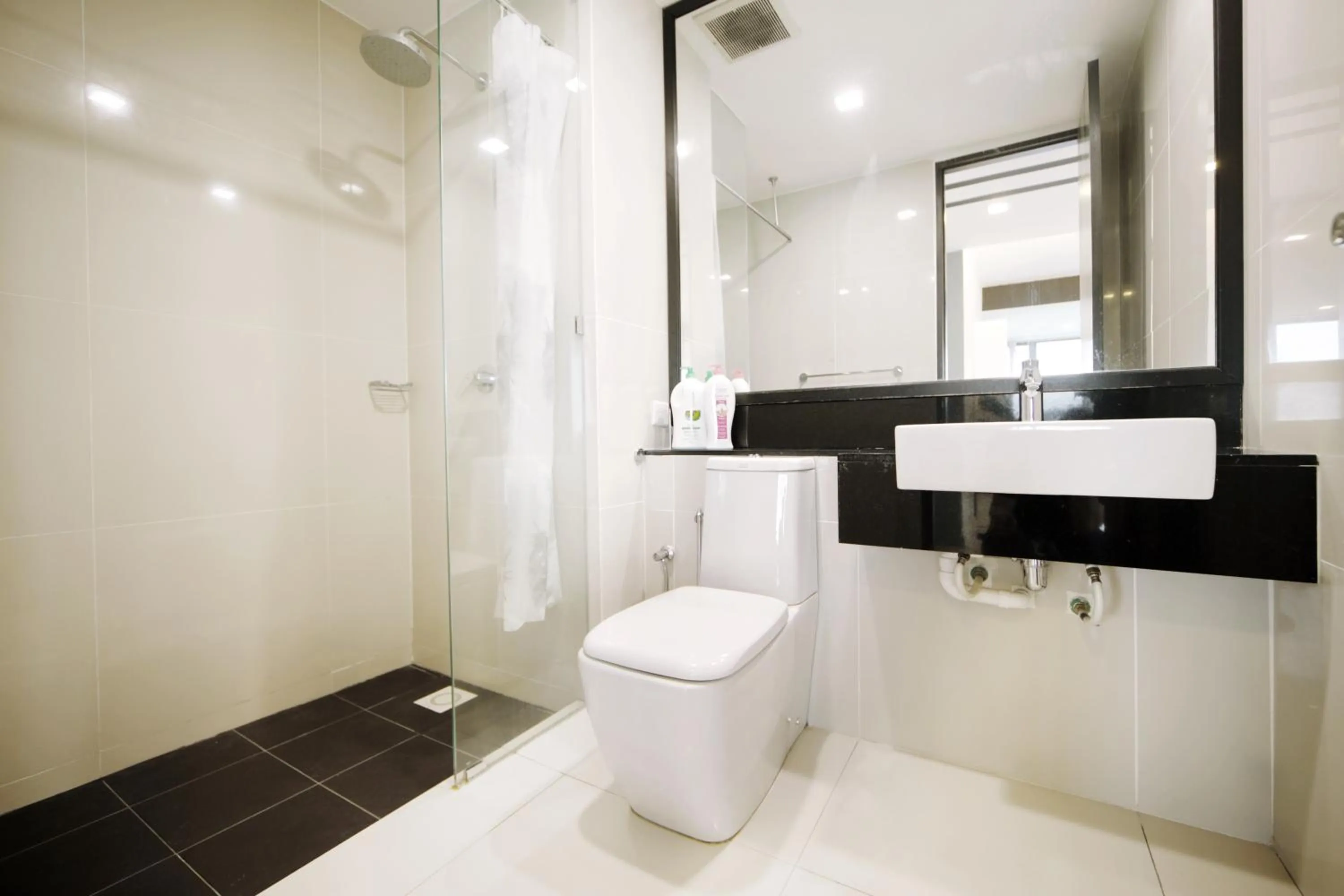 Shower in Cozy Living Sky Apartment