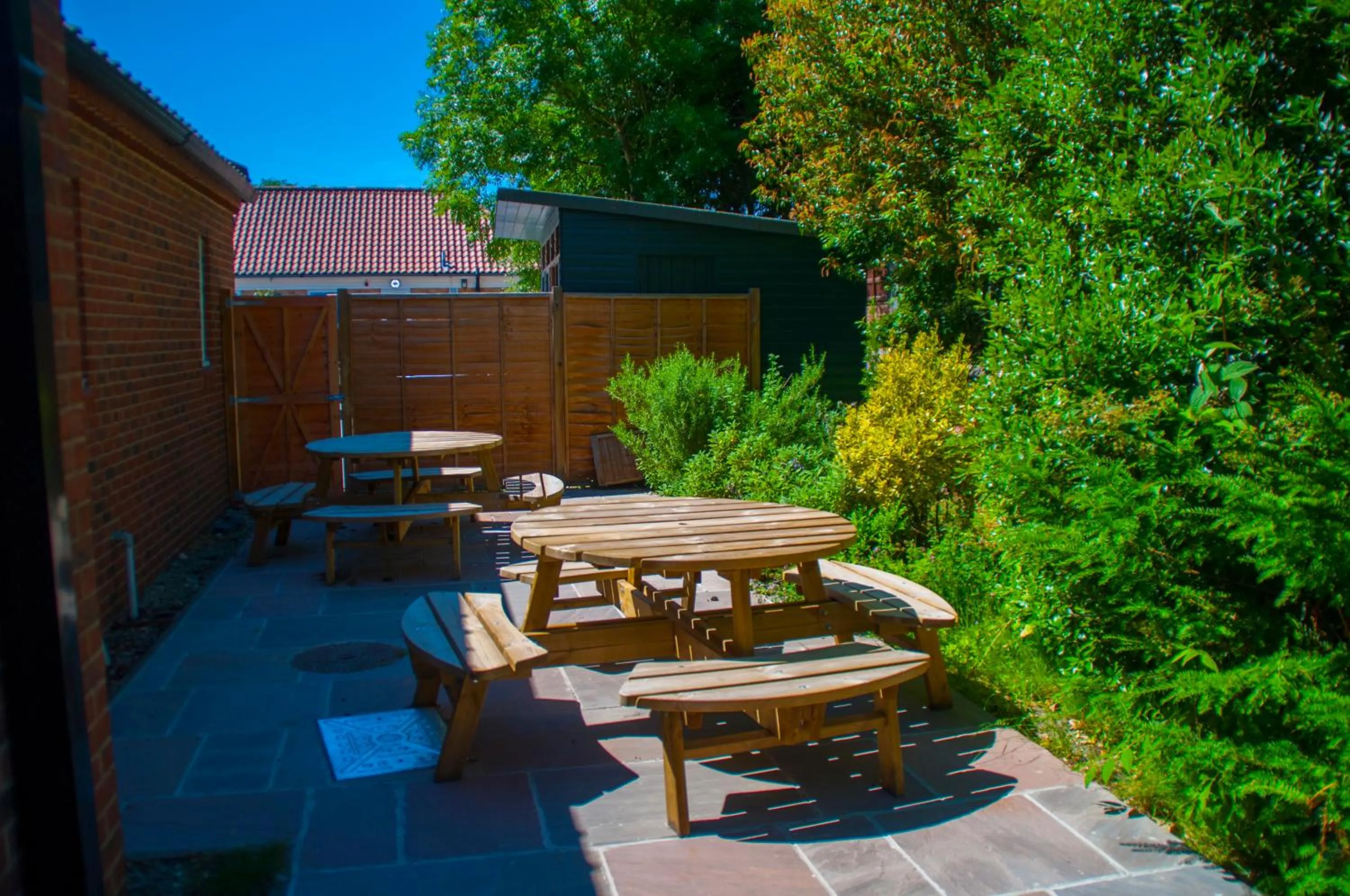 Patio in Stableside Hostel at York Racecourse