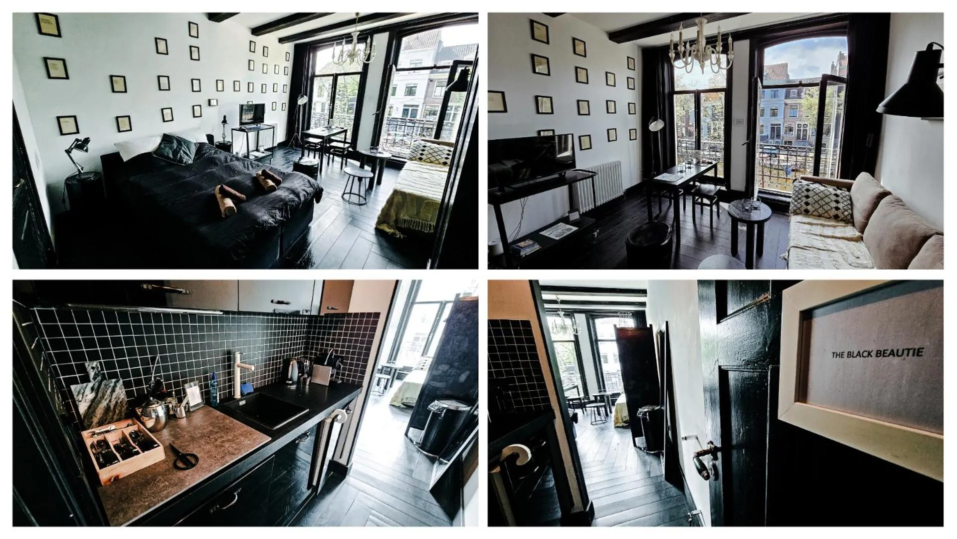 Kitchen or kitchenette in JoyJoyJoy the Black Beauty ecolicious studio in a canal house with French balcony with view on the canals